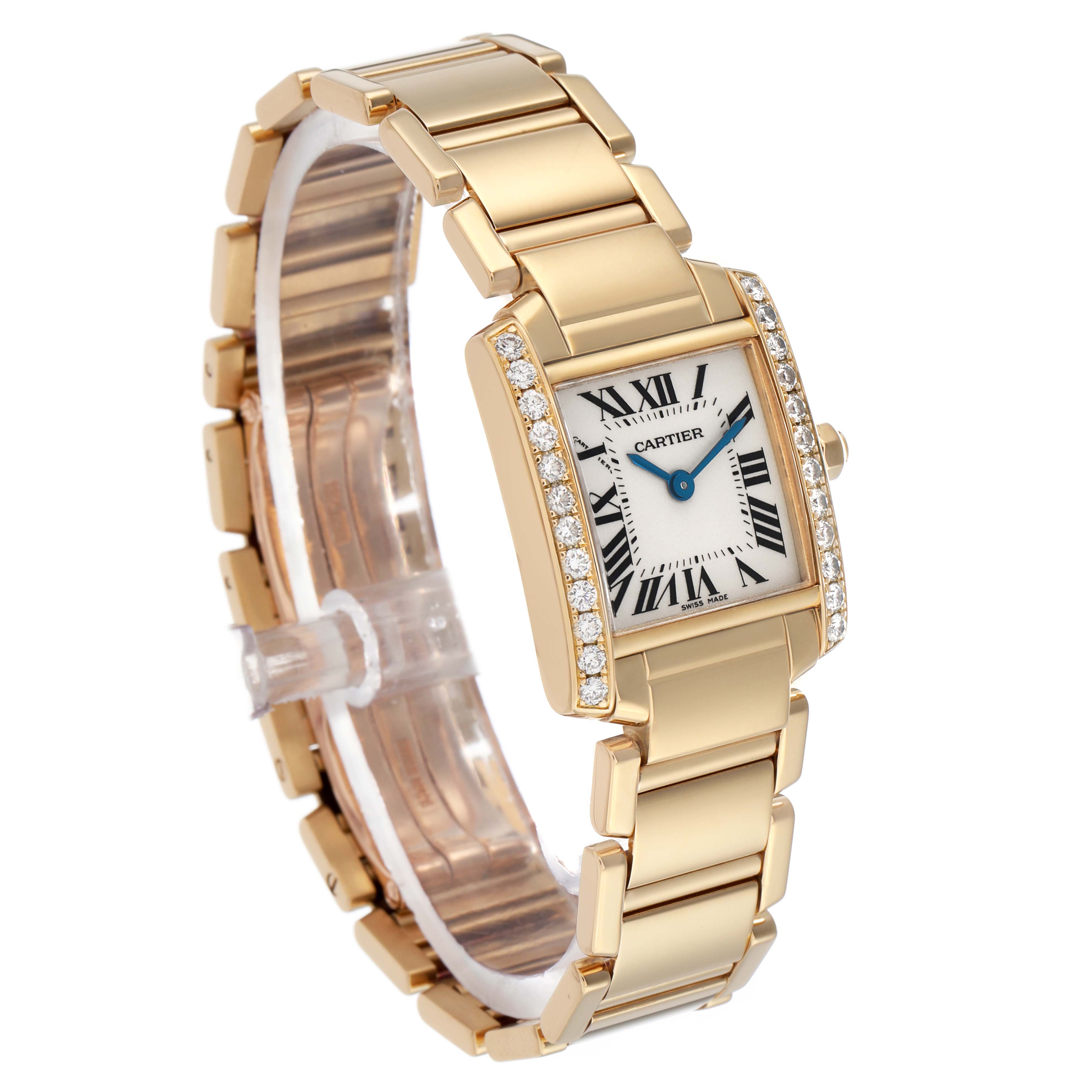 The Cartier Tank Française watch is shown in a three-quarter angle, displaying the face, crown, and bracelet.