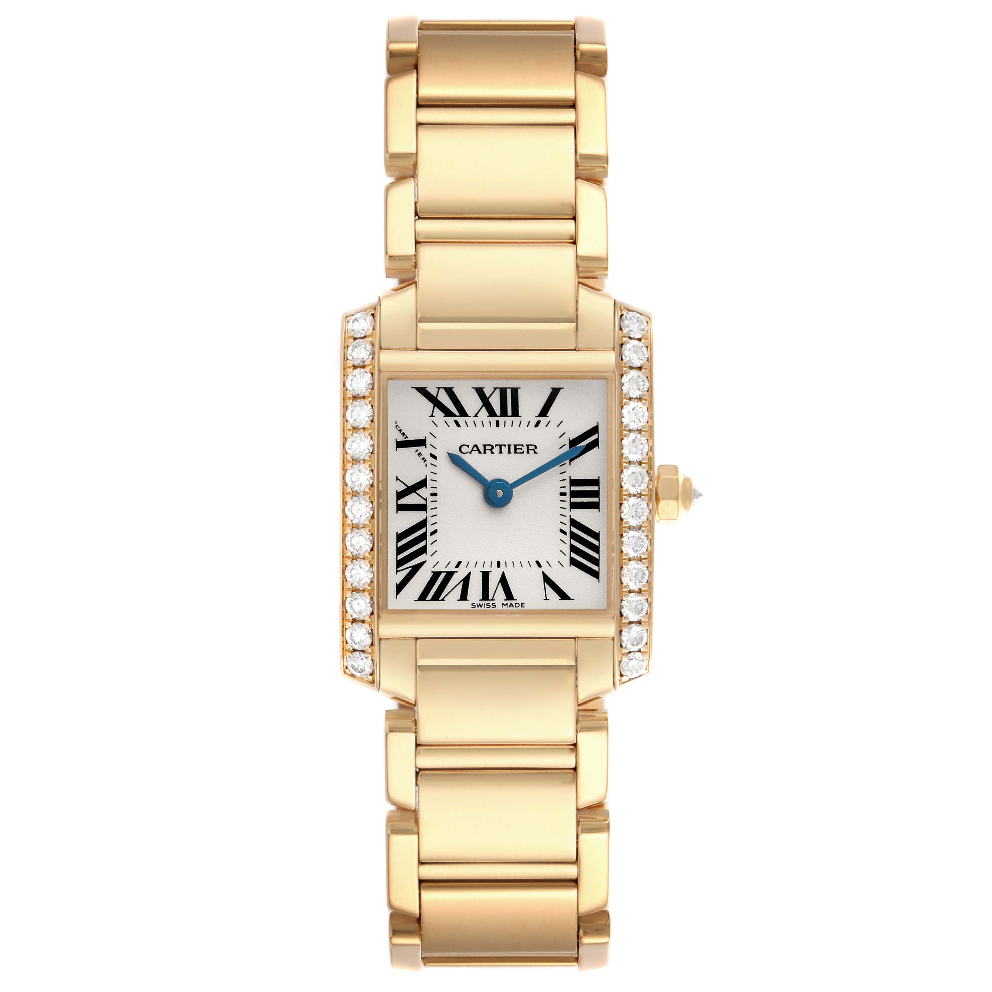 The Cartier Tank Française watch is shown from a top view, highlighting its rectangular face, diamond-accented bezel, and gold bracelet.