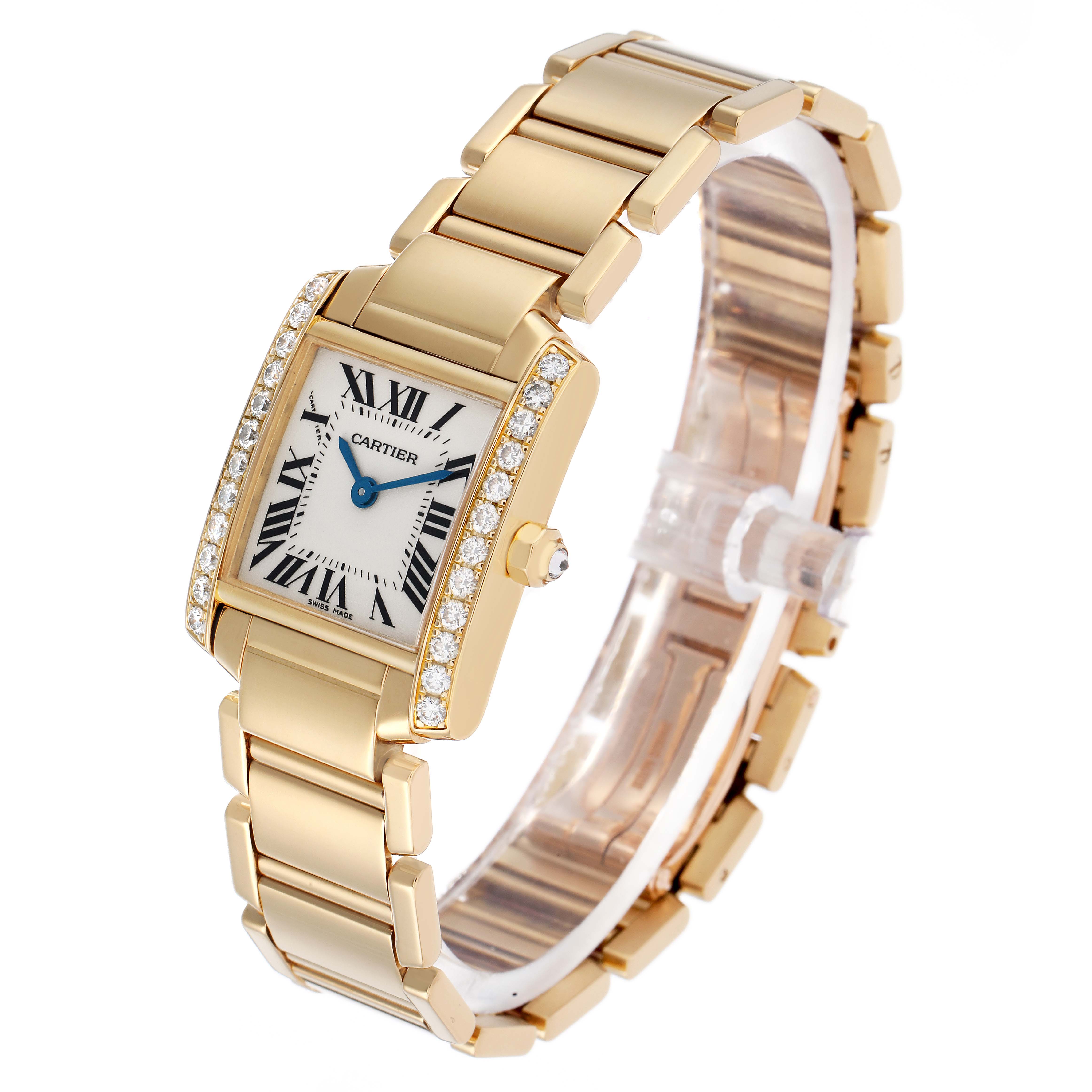 The Cartier Tank Francaise WE1001R8 Women's Yellow Gold Silver Dial watch is shown at a three-quarter angle, highlighting its rectangular face, bracelet, and diamond accents.