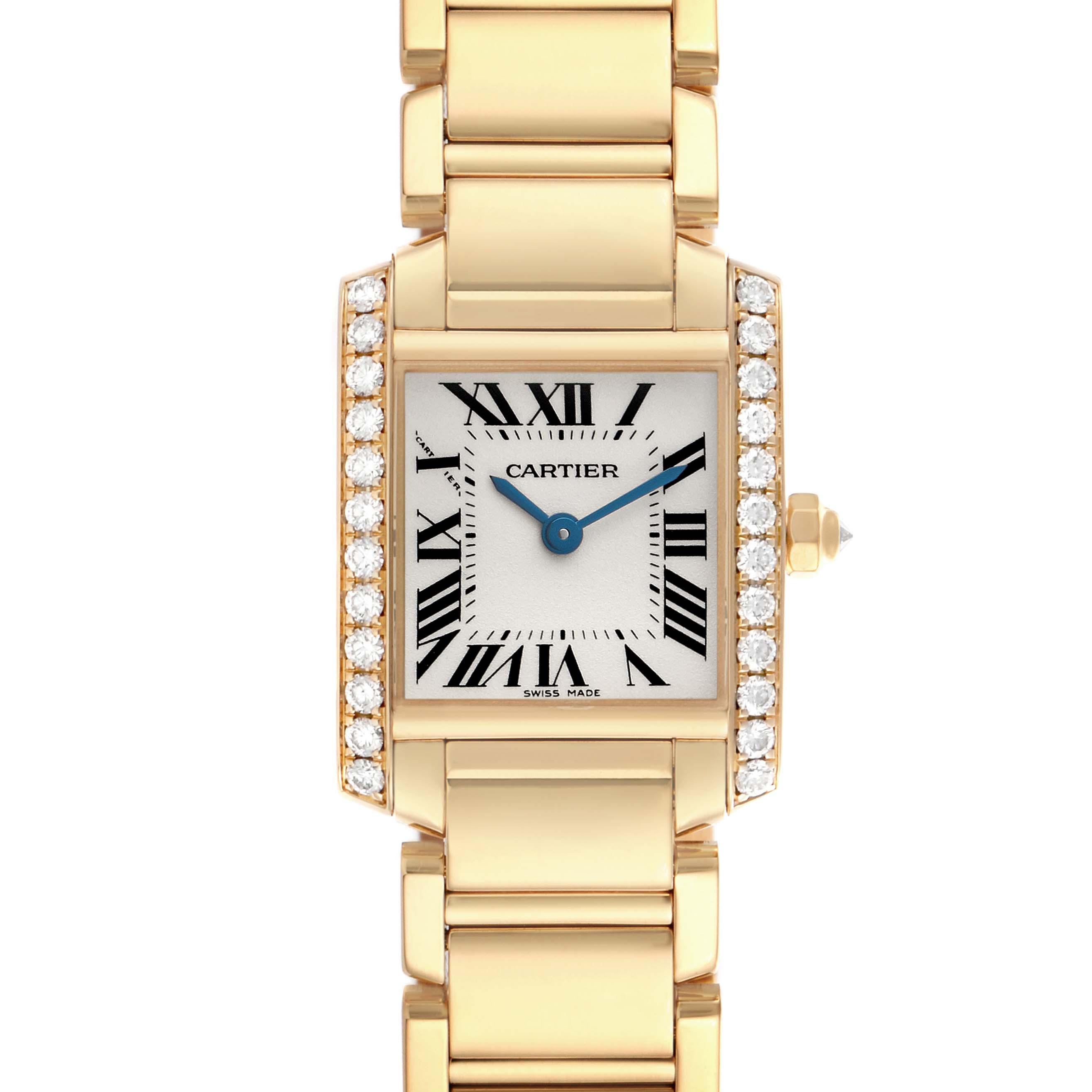 The Cartier Tank Francaise WE1001R8 Women's Yellow Gold Silver Dial watch is shown from a front view, highlighting the face, Roman numerals, and diamond-accented bezel.