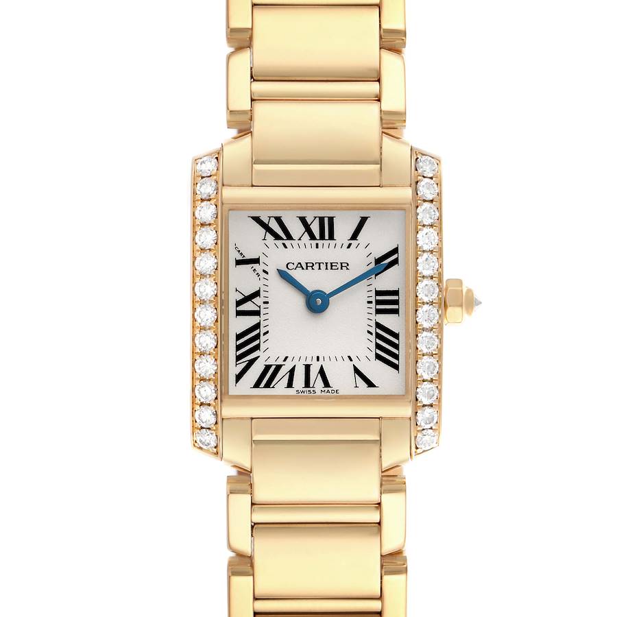 The Cartier Tank Francaise WE1001R8 Women's Yellow Gold Silver Dial watch is shown from a front view, highlighting the face, Roman numerals, and diamond-accented bezel.