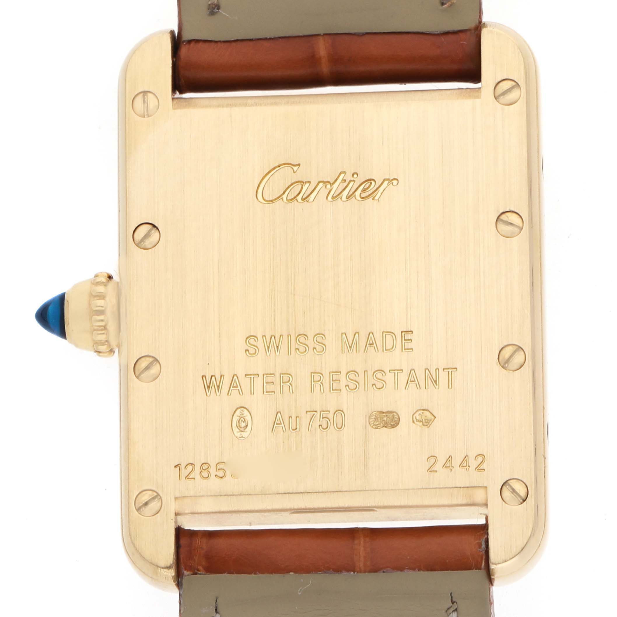 The image shows the back case of a Cartier Tank Louis W1529856 Women's Yellow Gold Silver Dial watch, highlighting the gold finish, water resistance, and crown with a blue gemstone.