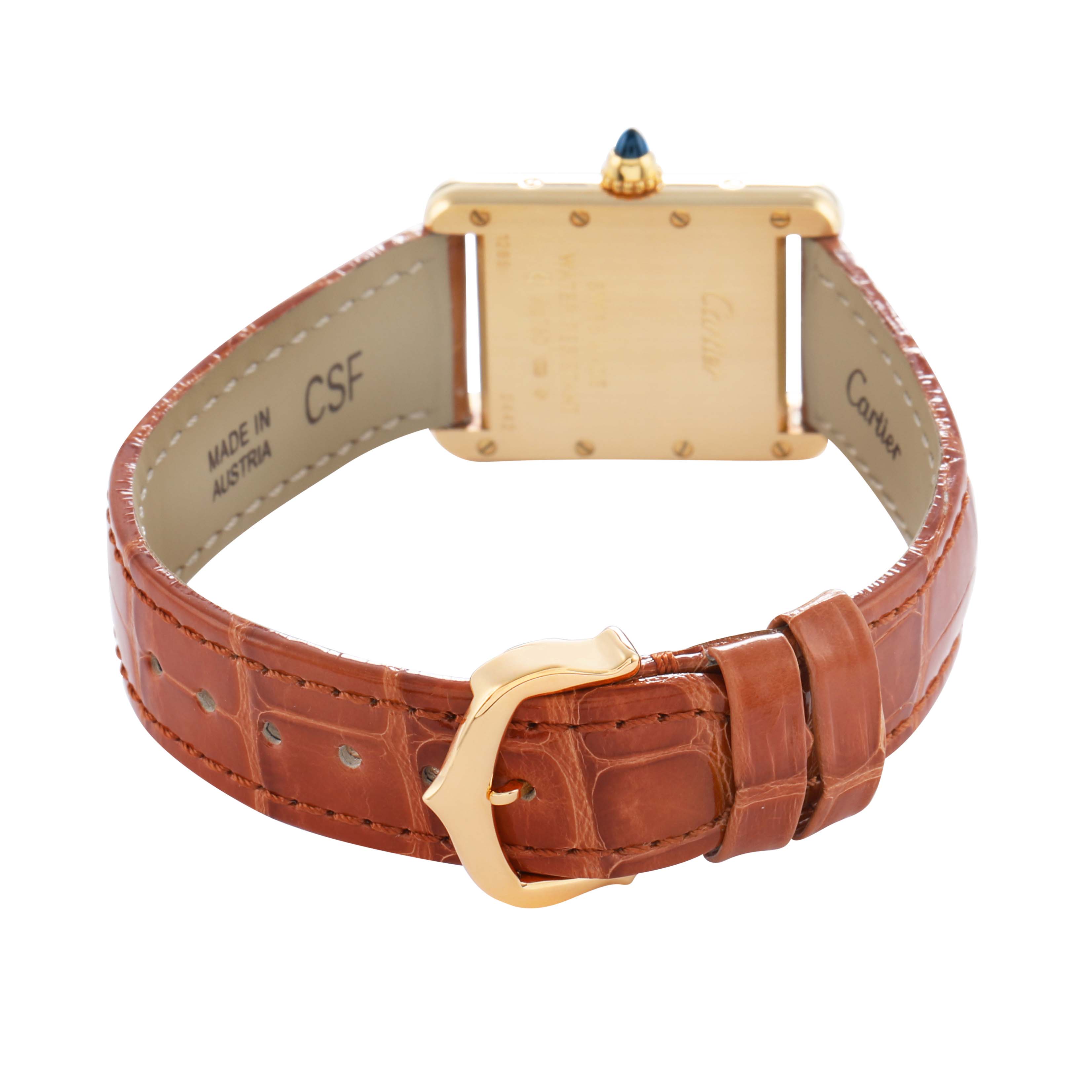 The image shows the back view of the Cartier Tank Louis W1529856 Women's Yellow Gold Silver Dial watch, highlighting the case, strap, clasp, and crown with a blue stone.