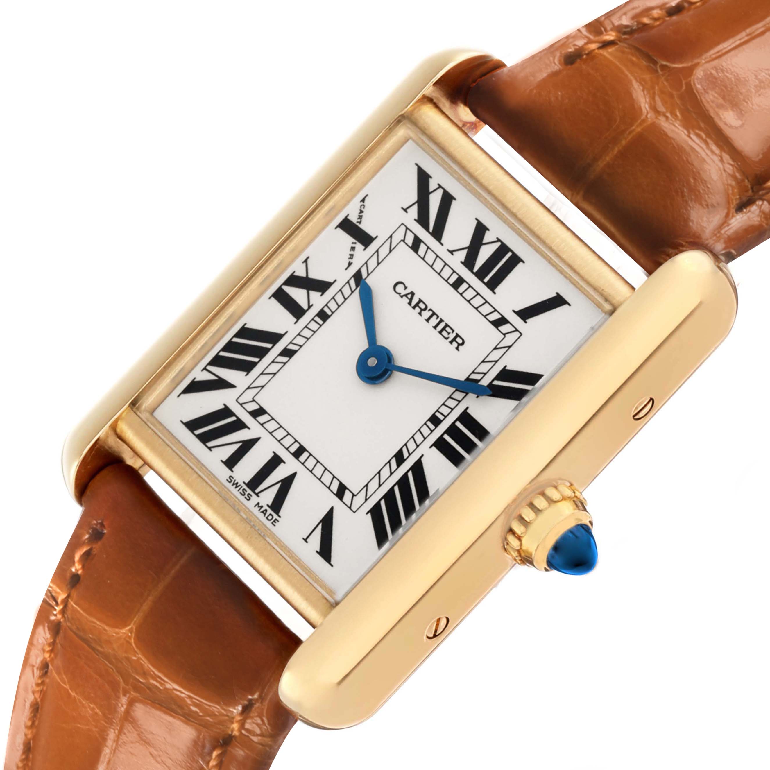 The Cartier Tank Louis W1529856 Women's Yellow Gold Silver Dial watch is shown at a slight angle, highlighting the face, side view, crown, and part of the leather strap.