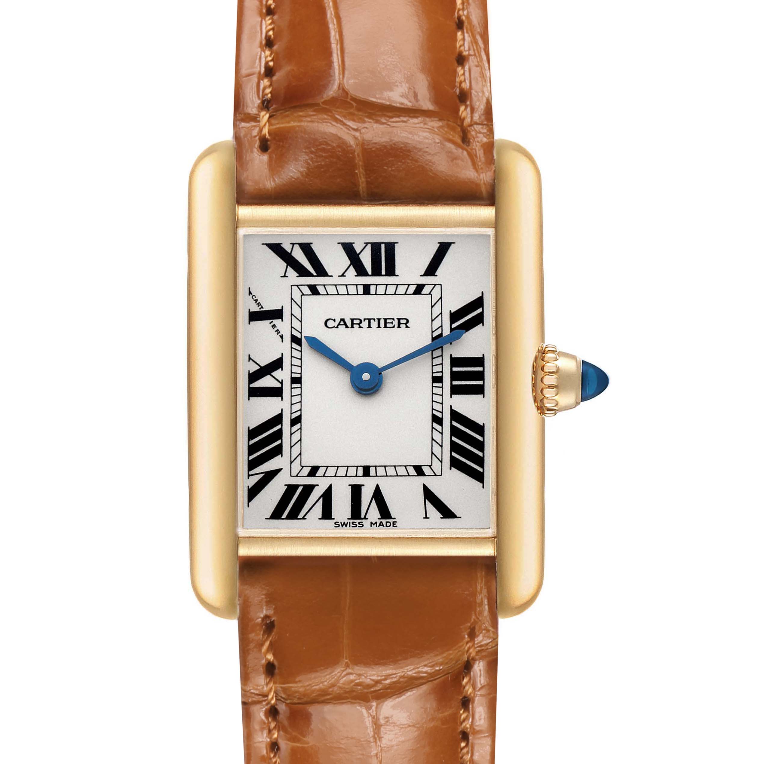 The image shows a Cartier Tank Louis W1529856 Women's Yellow Gold Silver Dial watch from a front angle, highlighting the rectangular case, brown leather strap, and blue crown.