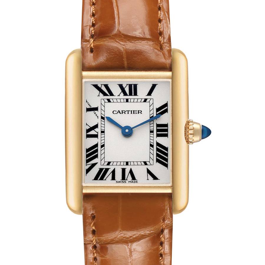 The image shows a Cartier Tank Louis W1529856 Women's Yellow Gold Silver Dial watch from a front angle, highlighting the rectangular case, brown leather strap, and blue crown.