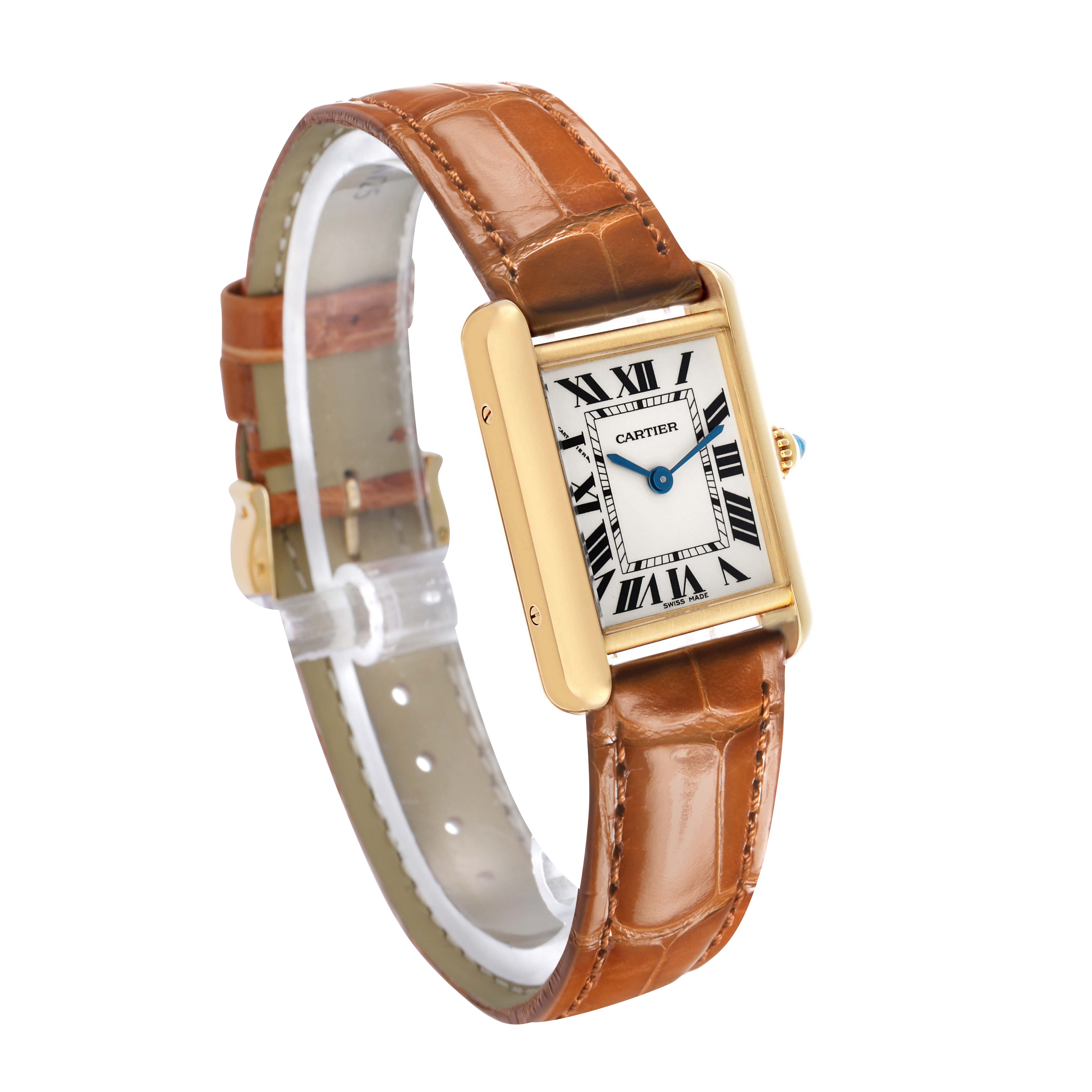 The Cartier Tank Louis W1529856 Women's Yellow Gold Silver Dial watch is shown at a slight angle, displaying its rectangular face, Roman numerals, and brown leather strap.
