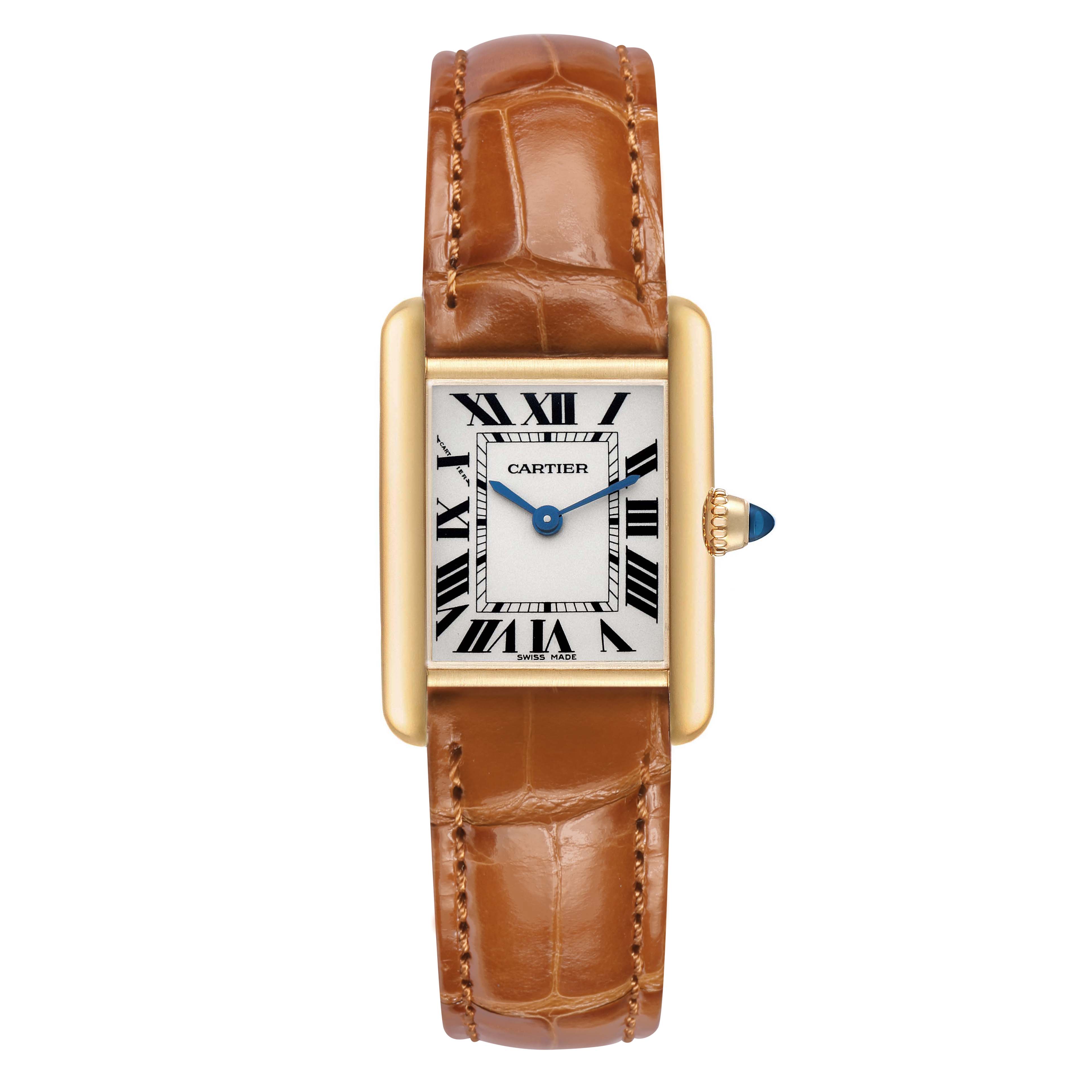 The Cartier Tank Louis W1529856 Women's Yellow Gold Silver Dial watch is shown from the front, displaying its rectangular case, blue hands, Roman numerals, and brown leather strap.