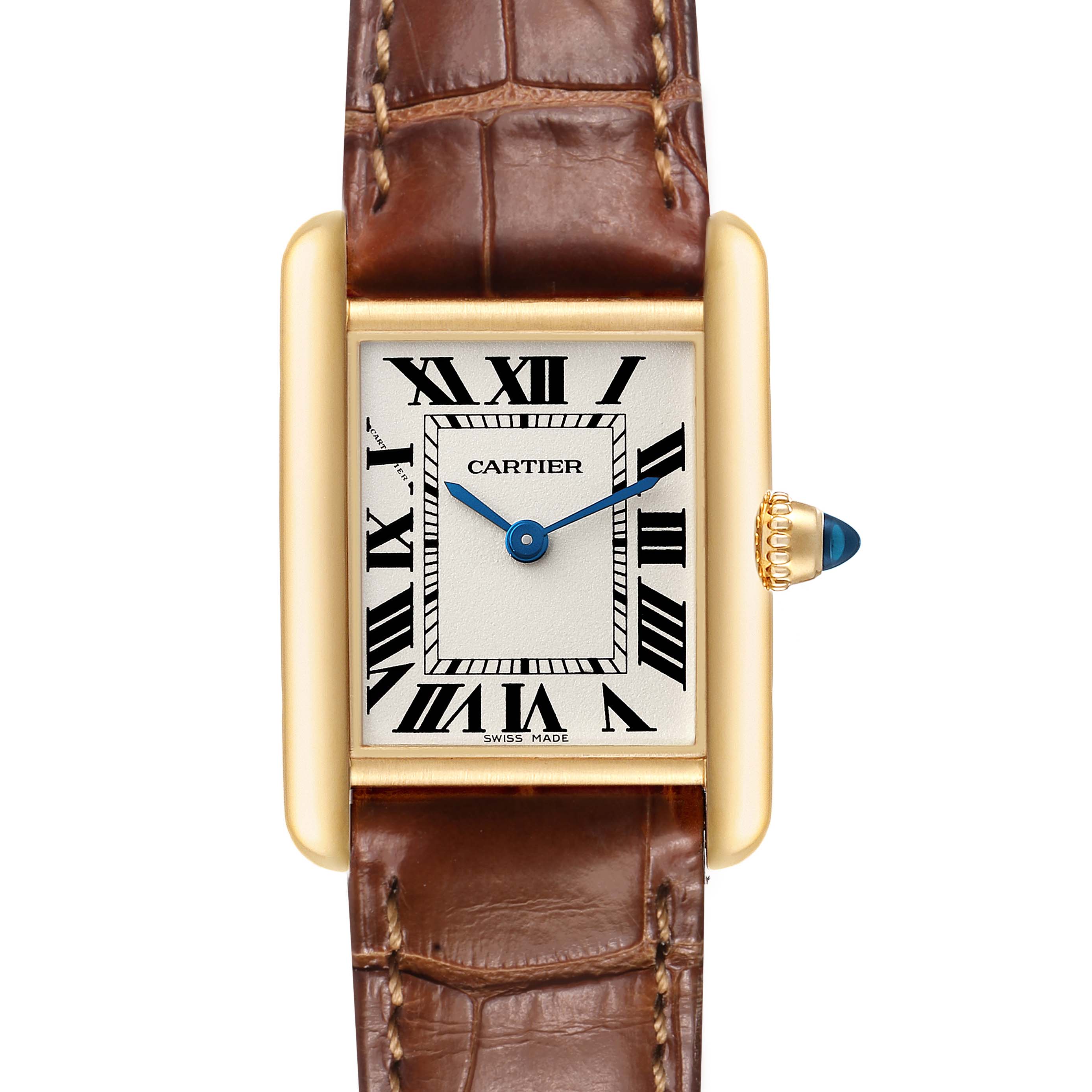 The Cartier Tank Louis W1529856 Women's Yellow Gold Silver Dial watch is shown from a front angle, highlighting the rectangular face, Roman numerals, and leather strap.