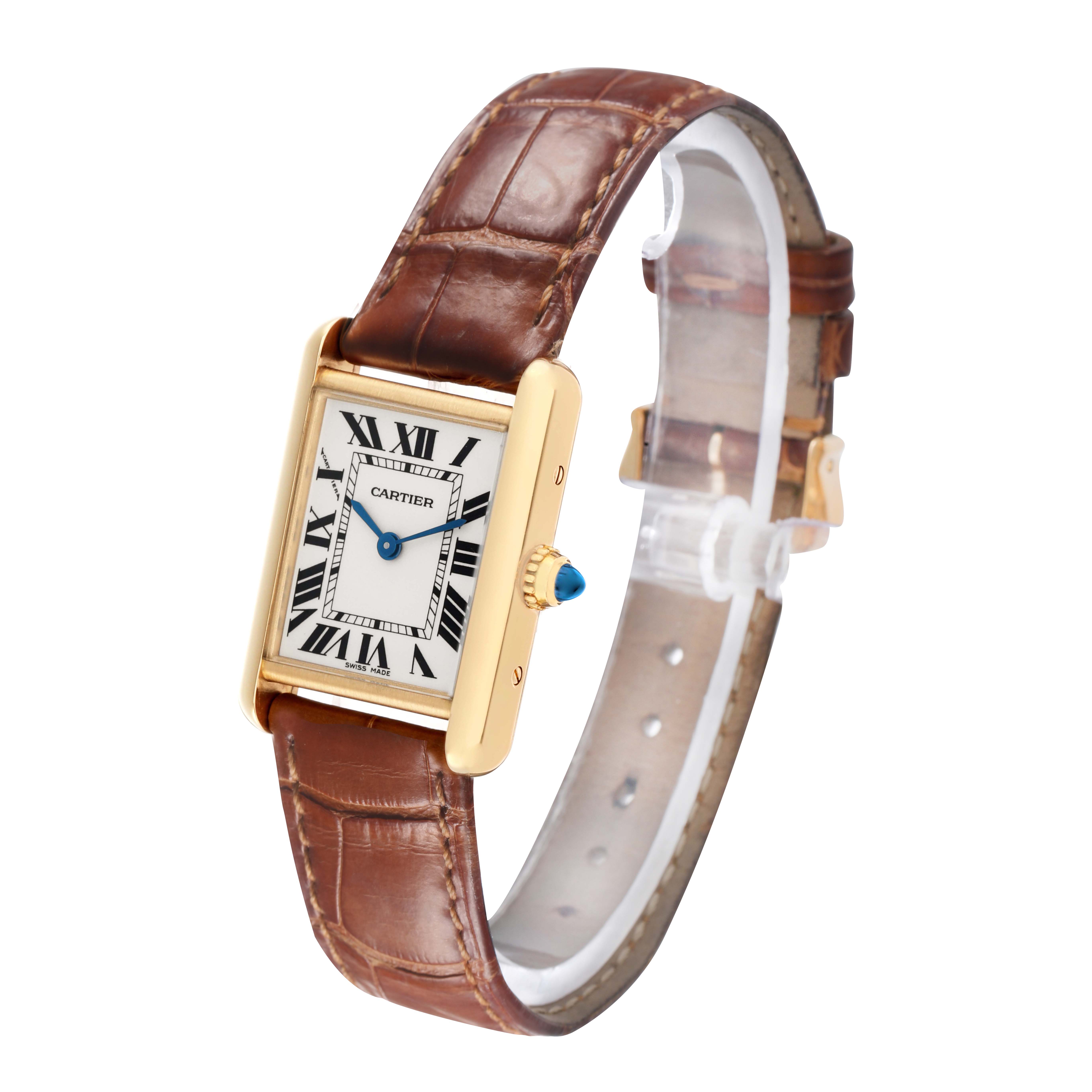 The Cartier Tank Louis W1529856 Women's Yellow Gold Silver Dial watch is shown at a three-quarter angle, displaying the face, gold case, crown, and brown leather strap.