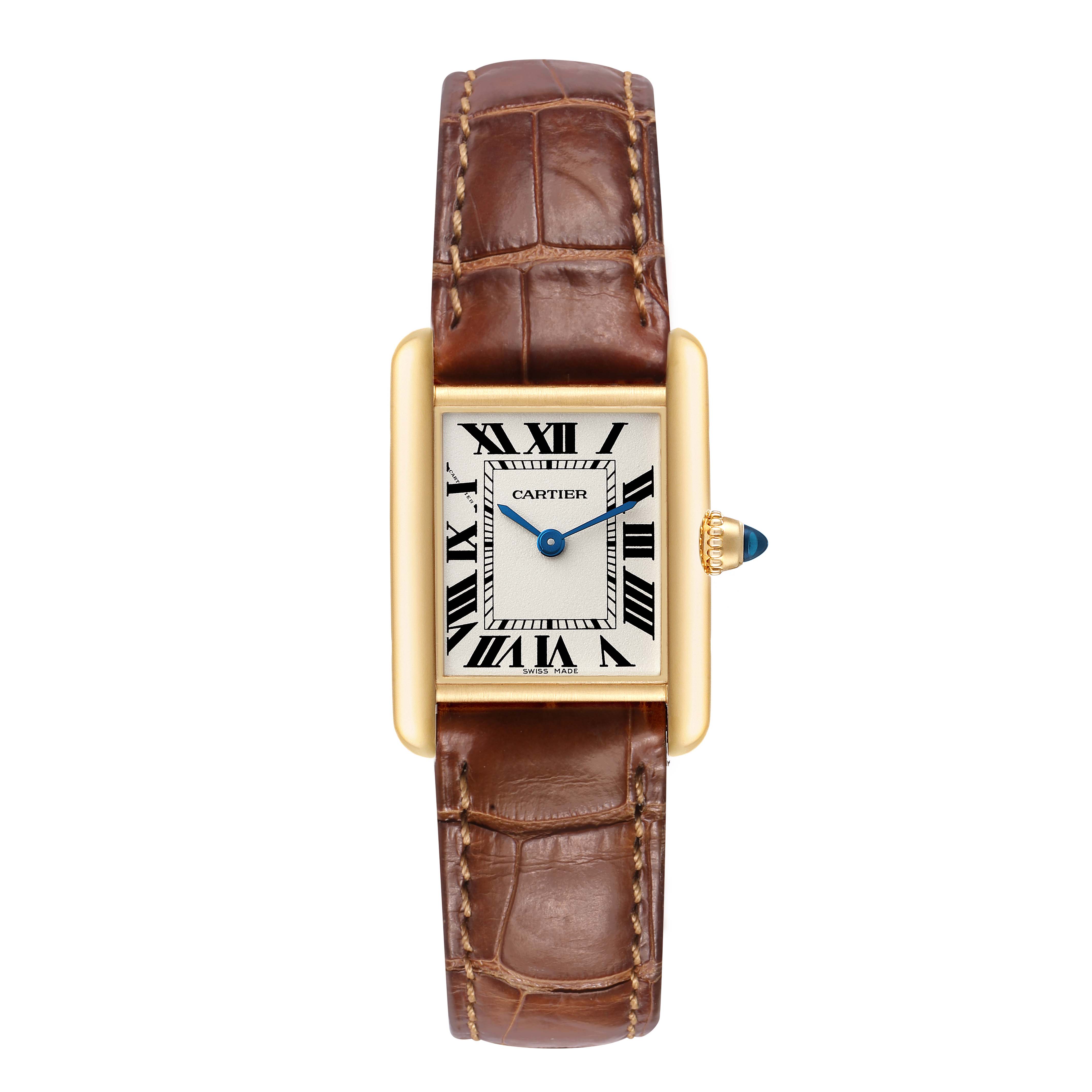 The Cartier Tank Louis W1529856 Women's Yellow Gold Silver Dial watch is shown from the front, displaying its rectangular face, Roman numerals, and leather strap.