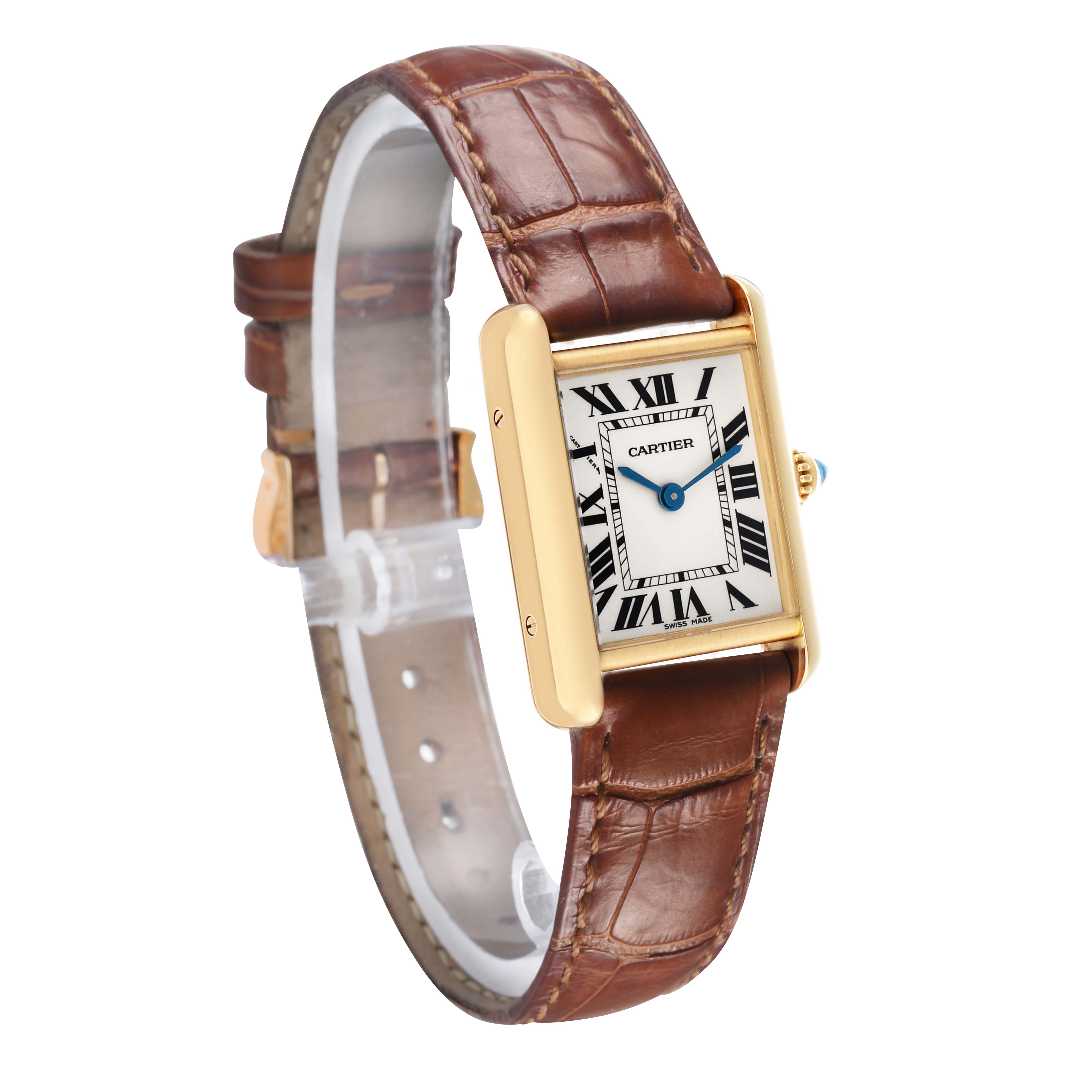 The Cartier Tank Louis W1529856 Women's Yellow Gold Silver Dial watch is shown at a slight side angle highlighting the rectangular face and brown leather strap.