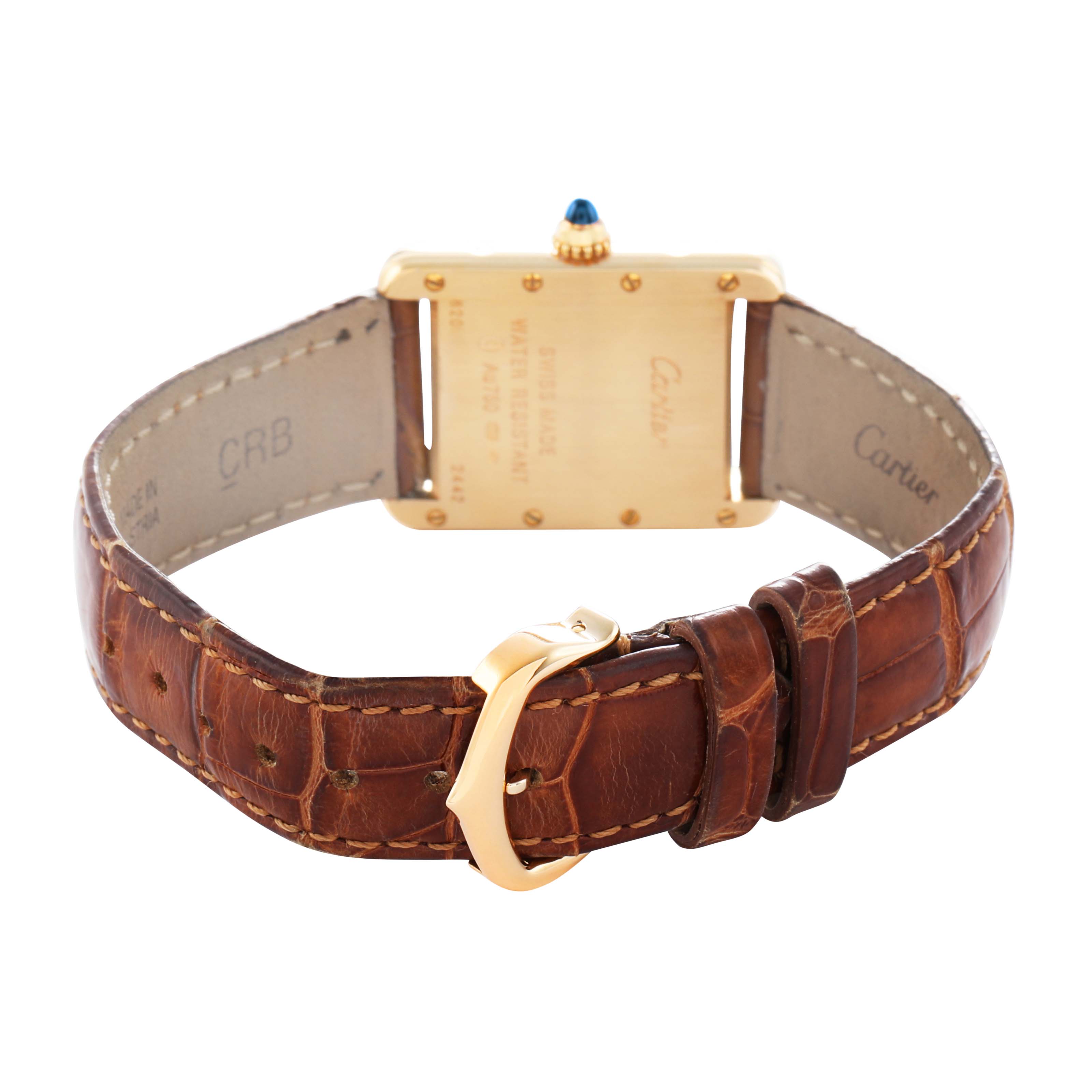 The image shows the back of the Cartier Tank Louis W1529856 Women's Yellow Gold Silver Dial watch with a gold case, leather strap, and blue-tipped crown.