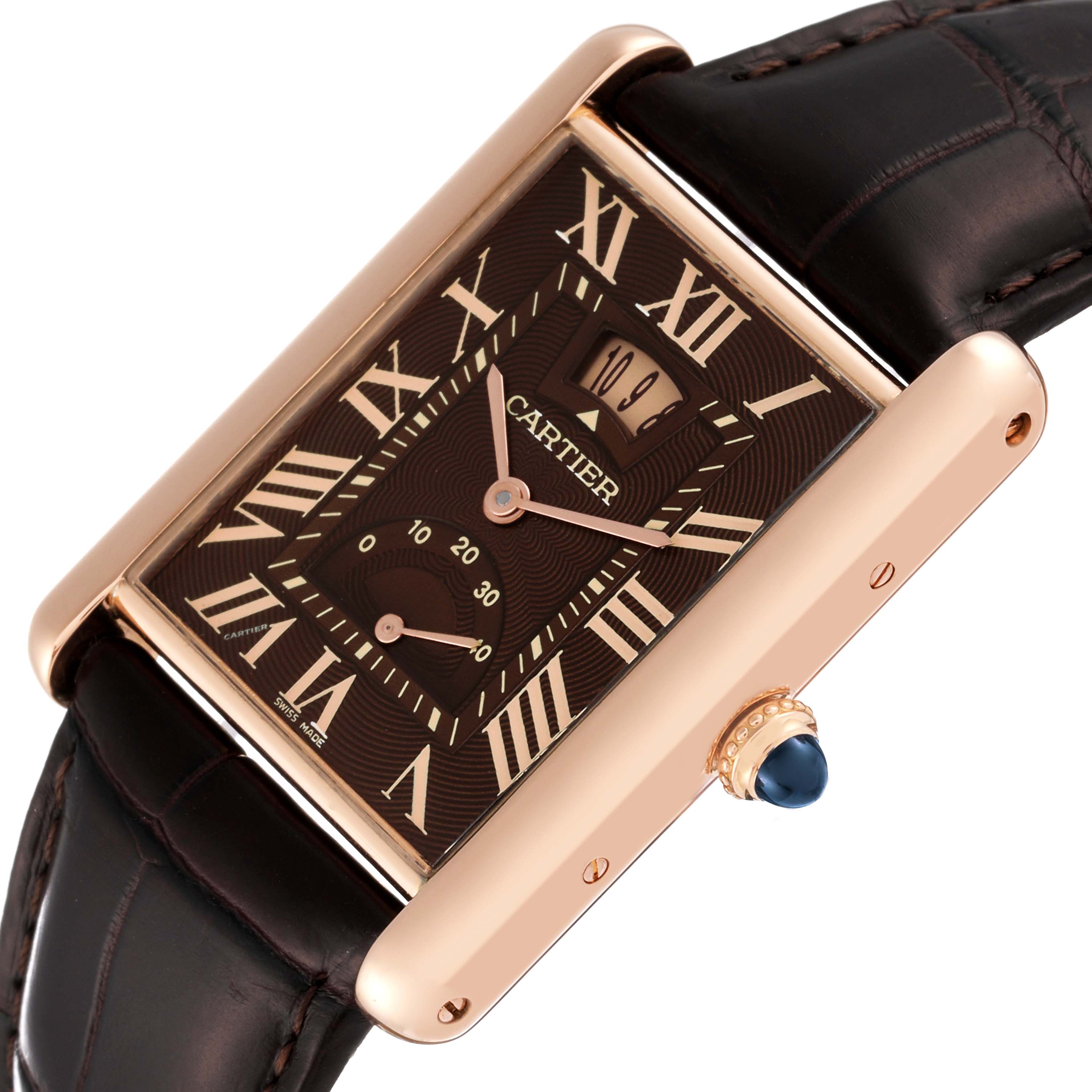 The image shows a close-up angled view of the Cartier Tank Louis W1560002 Men's Rose Gold Brown Dial W1560002 Men's Rose Gold Brown Dial watch, highlighting its face, side, and strap.