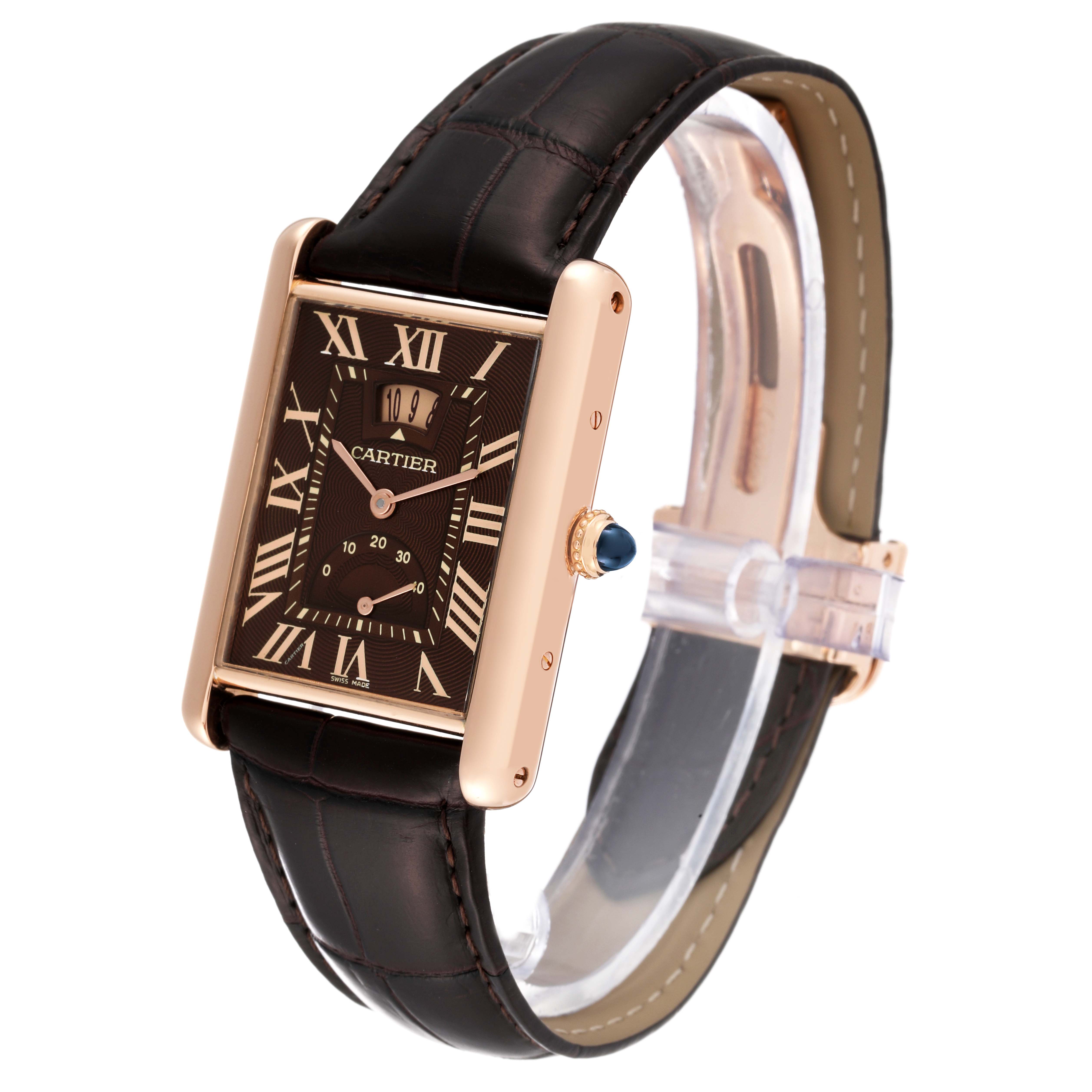 The image shows a Cartier Tank Louis W1560002 Men's Rose Gold Brown Dial W1560002 Men's Rose Gold Brown Dial watch from a front-left angle, highlighting its rectangular dial and leather strap.