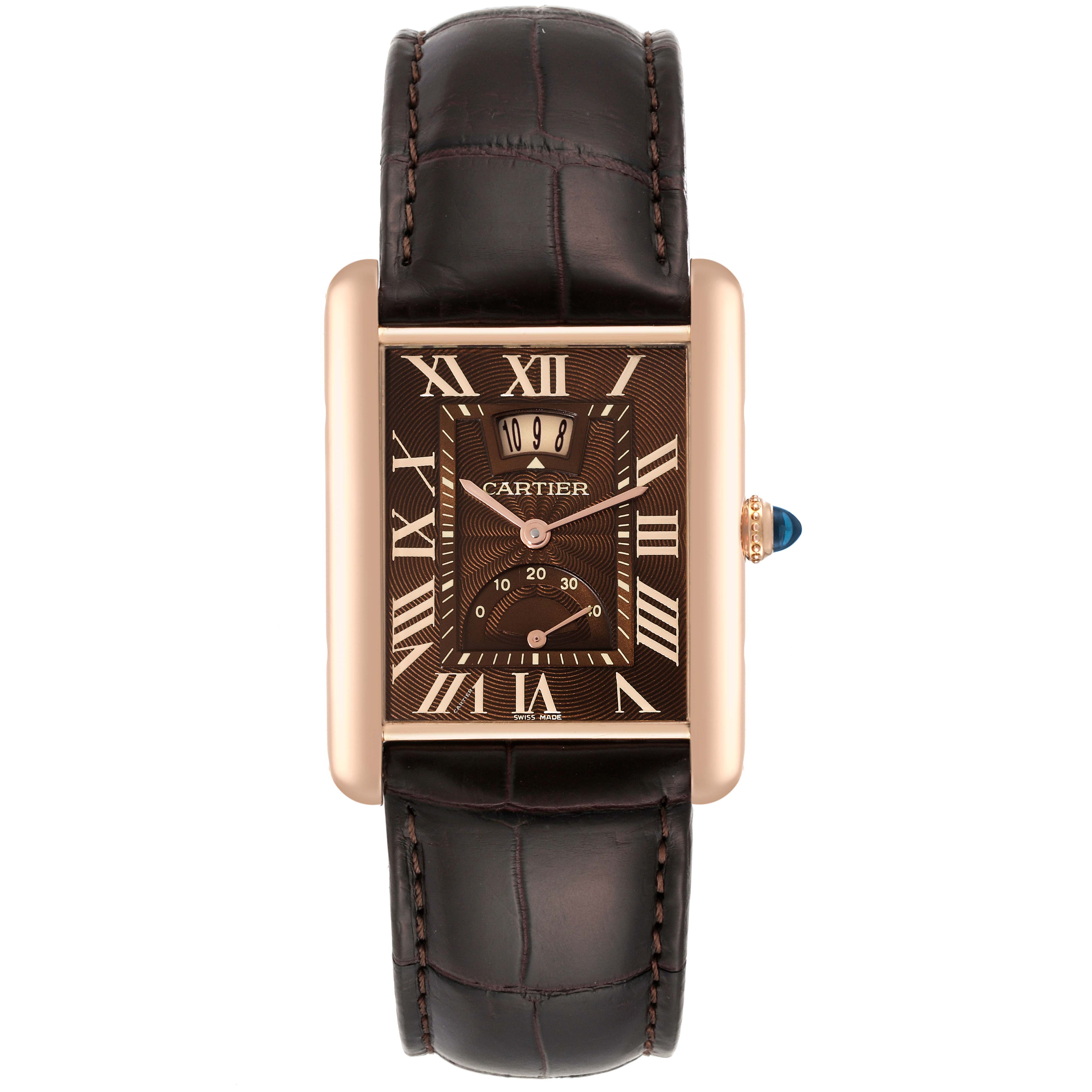 This image shows a front view of the Cartier Tank Louis W1560002 Men's Rose Gold Brown Dial W1560002 Men's Rose Gold Brown Dial watch, highlighting its dial, strap, and case.