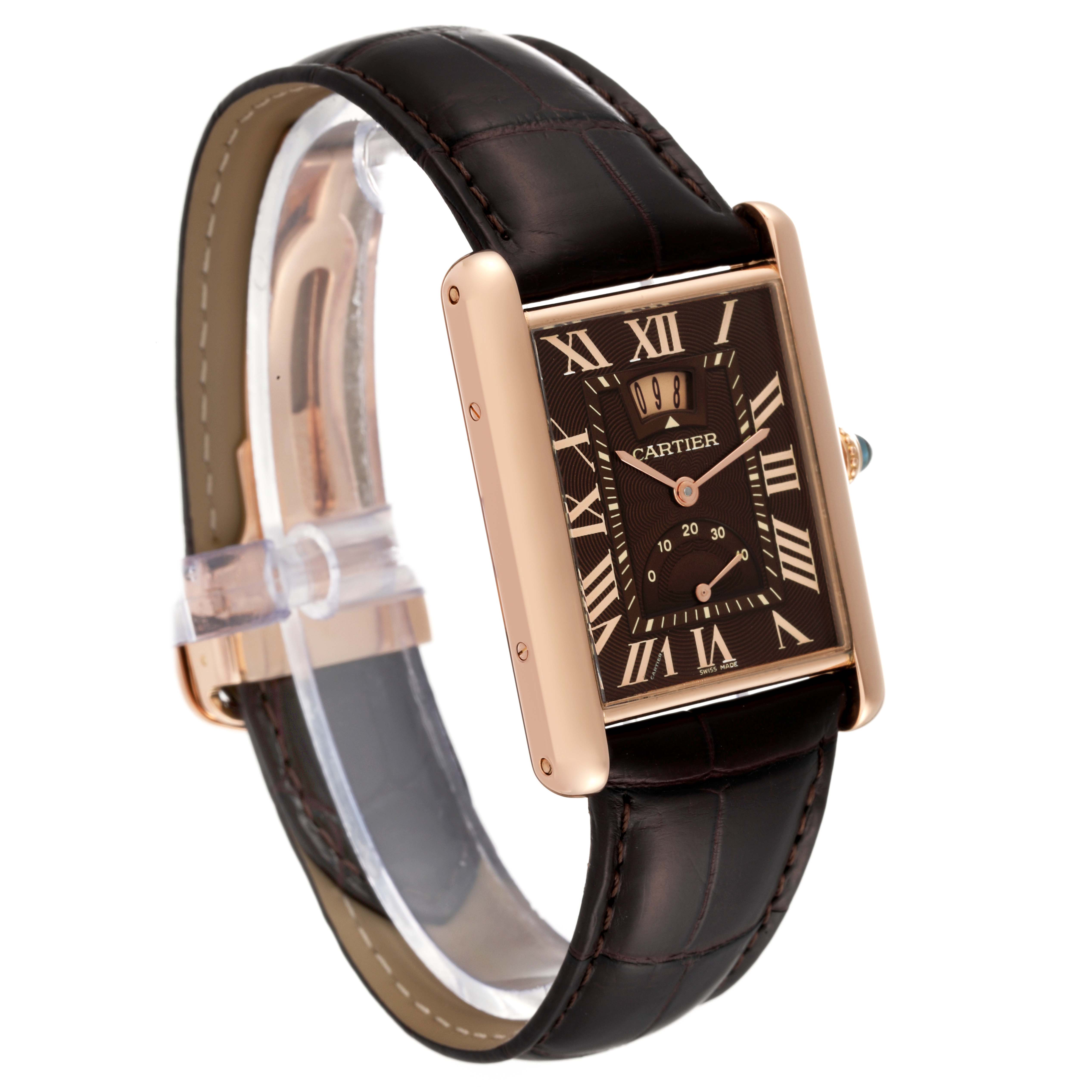 The image shows a side-angle view of the Cartier Tank Louis W1560002 Men's Rose Gold Brown Dial W1560002 Men's Rose Gold Brown Dial watch, highlighting the face, straps, and clasp.
