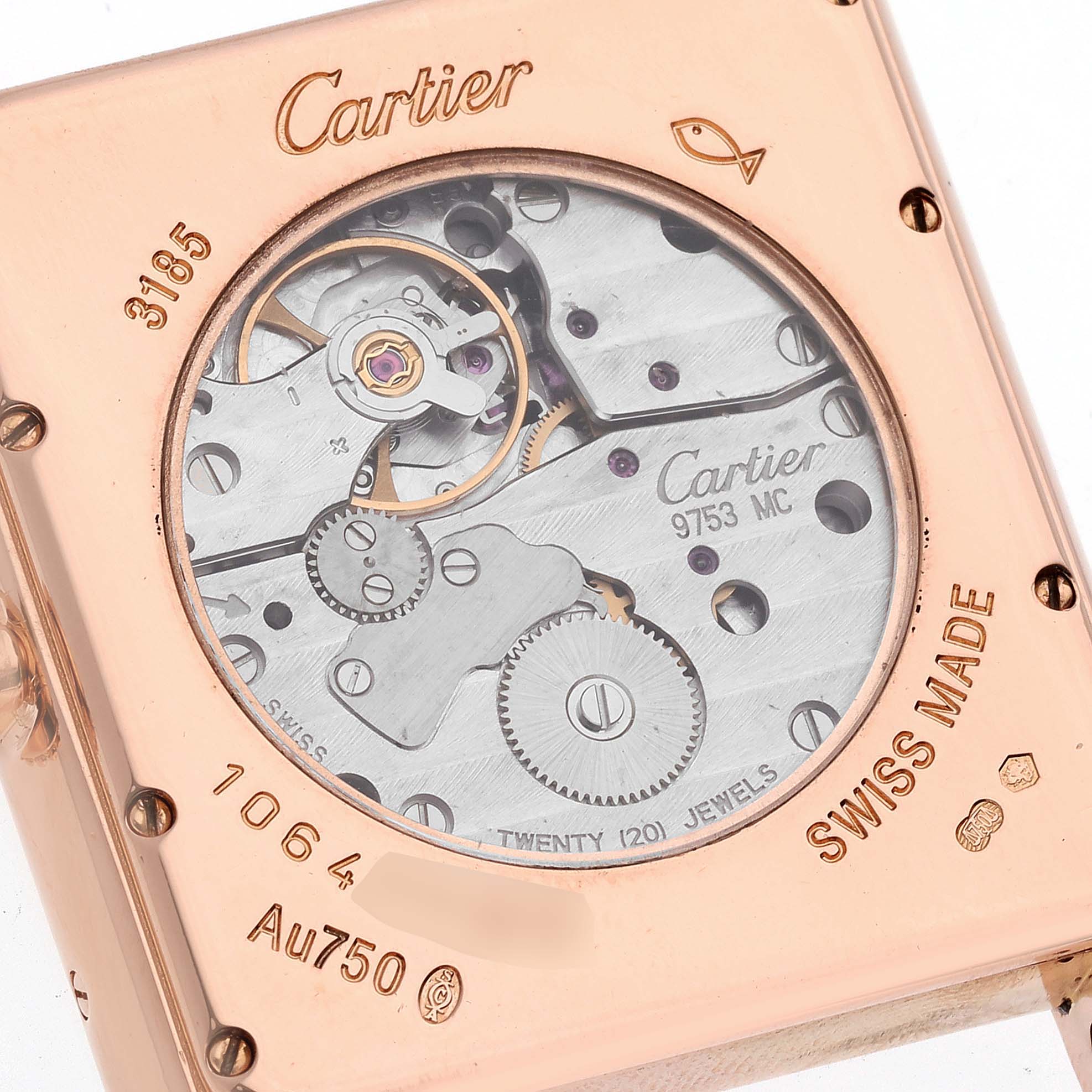 This image shows the back of a Cartier Tank Louis W1560002 Men's Rose Gold Brown Dial W1560002 Men's Rose Gold Brown Dial watch, focusing on the mechanical movement and engravings.