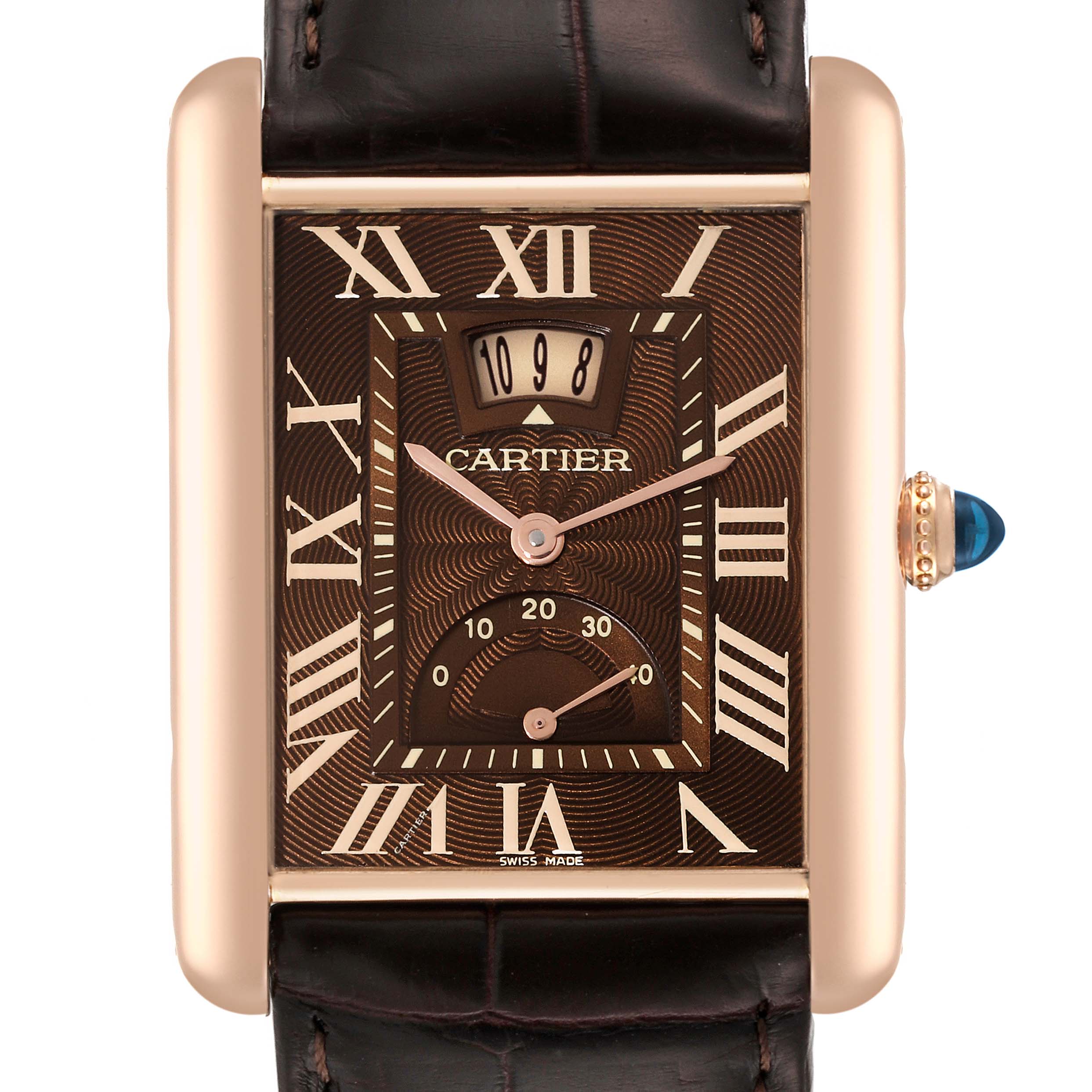 The image shows a close-up view of the Cartier Tank Louis W1560002 Men's Rose Gold Brown Dial W1560002 Men's Rose Gold Brown Dial watch face and crown with a leather strap.