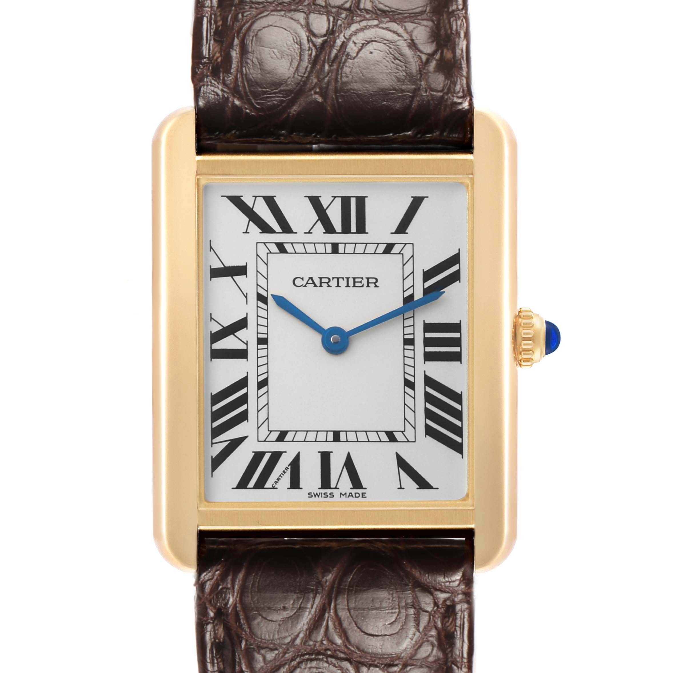 The Cartier Tank Solo W5200025 Men's Steel and Gold (two tone) Silver Dial watch is shown from the front, highlighting its rectangular face, Roman numerals, and leather strap.