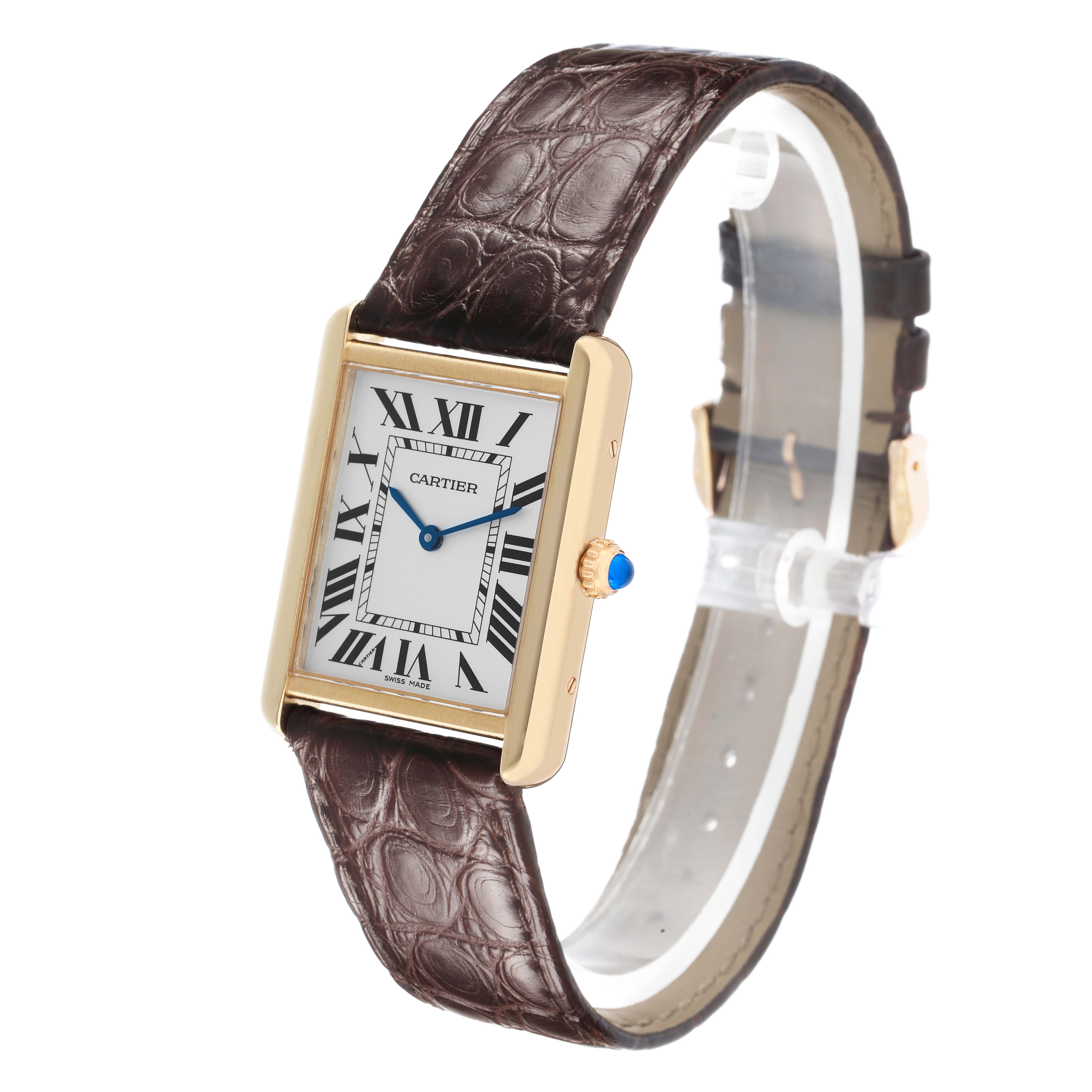 The Cartier Tank Solo W5200025 Men's Steel and Gold (two tone) Silver Dial watch is displayed at a three-quarter angle, showcasing the face, crown, and part of the band.