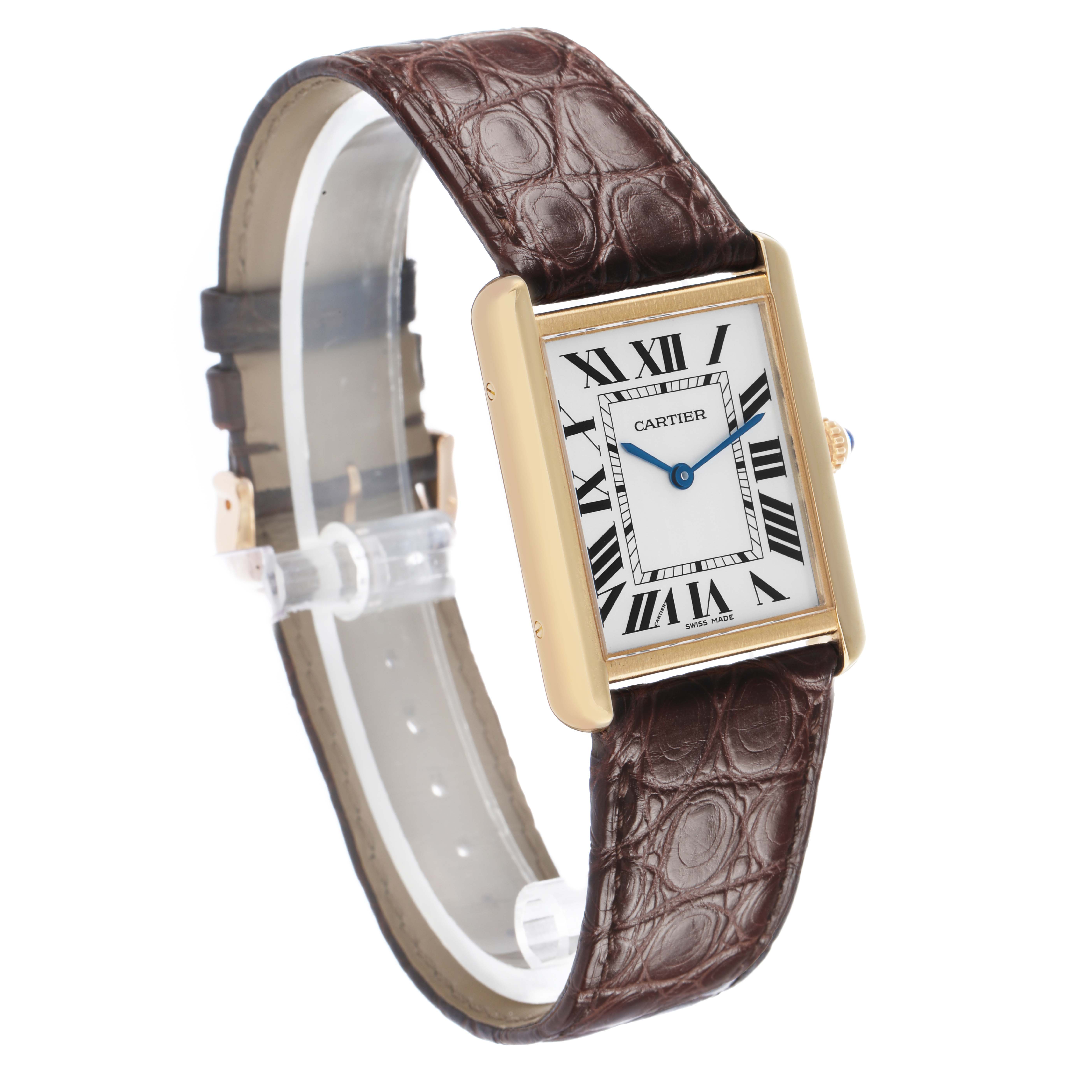 The Cartier Tank Solo W5200025 Men's Steel and Gold (two tone) Silver Dial watch is shown at a three-quarter angle, displaying the dial, case, and leather strap.