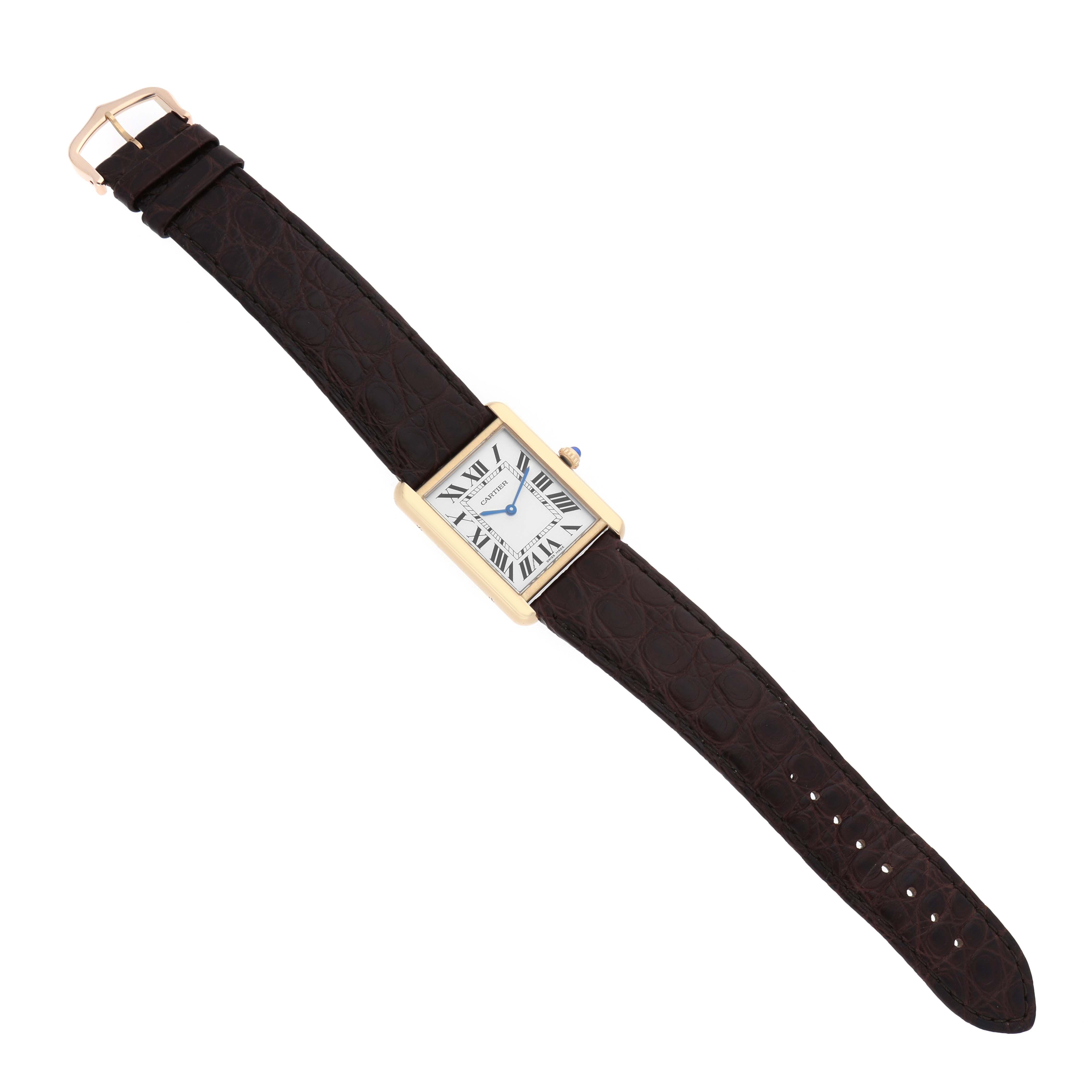 The Cartier Tank Solo W5200025 Men's Steel and Gold (two tone) Silver Dial watch is shown from a top-down angle, displaying its leather strap and rectangular face.