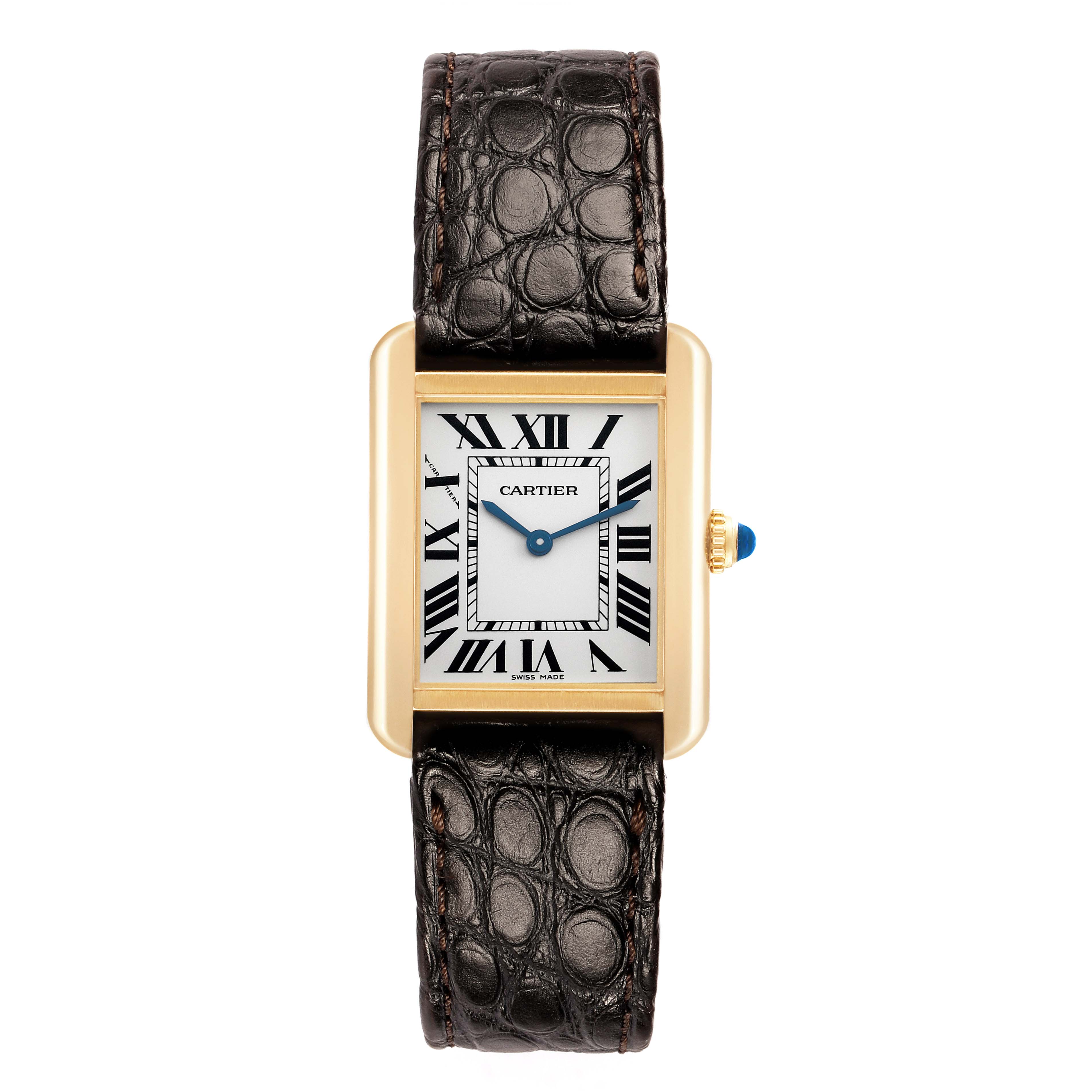 The Cartier Tank Solo W5200002 Women's Steel and Gold (two tone) Silver Dial watch is shown from the front, highlighting its rectangular face, Roman numerals, gold case, and leather strap.
