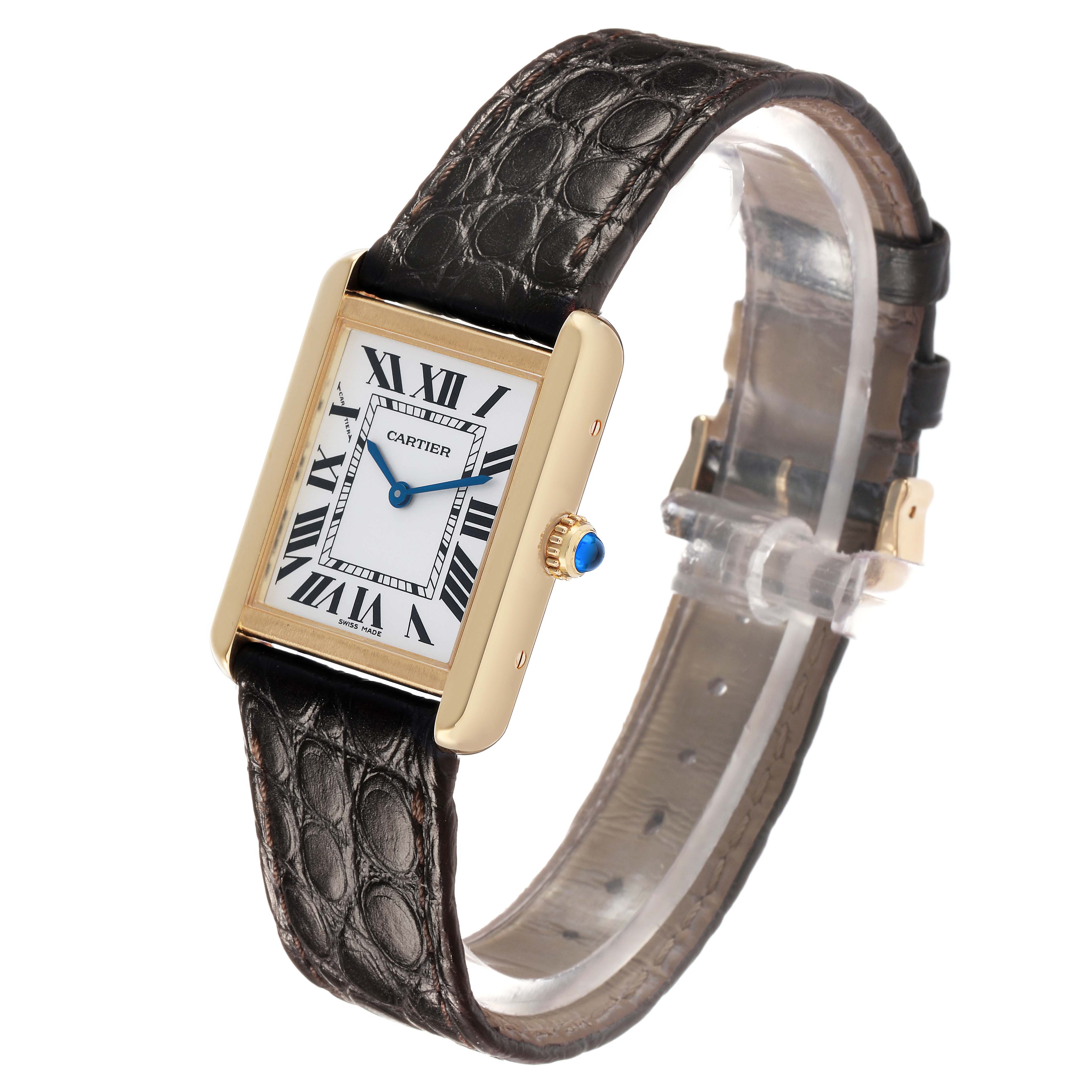 The Cartier Tank Solo W5200002 Women's Steel and Gold (two tone) Silver Dial watch is shown at a slight angle displaying its face, Roman numerals, gold case, and leather strap.