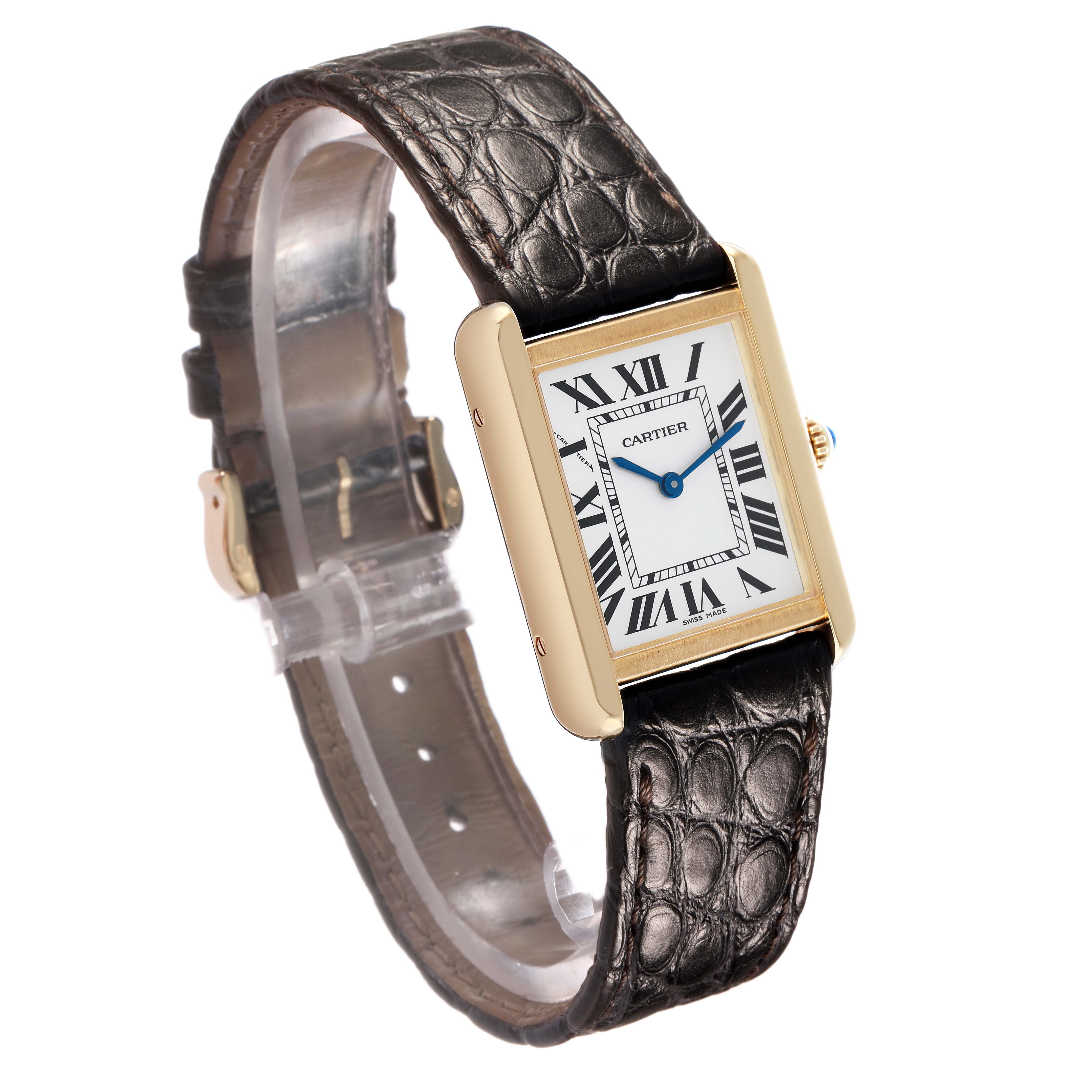 The Cartier Tank Solo W5200002 Women's Steel and Gold (two tone) Silver Dial watch is shown at a slight angle, highlighting the rectangular face, Roman numerals, and leather strap.