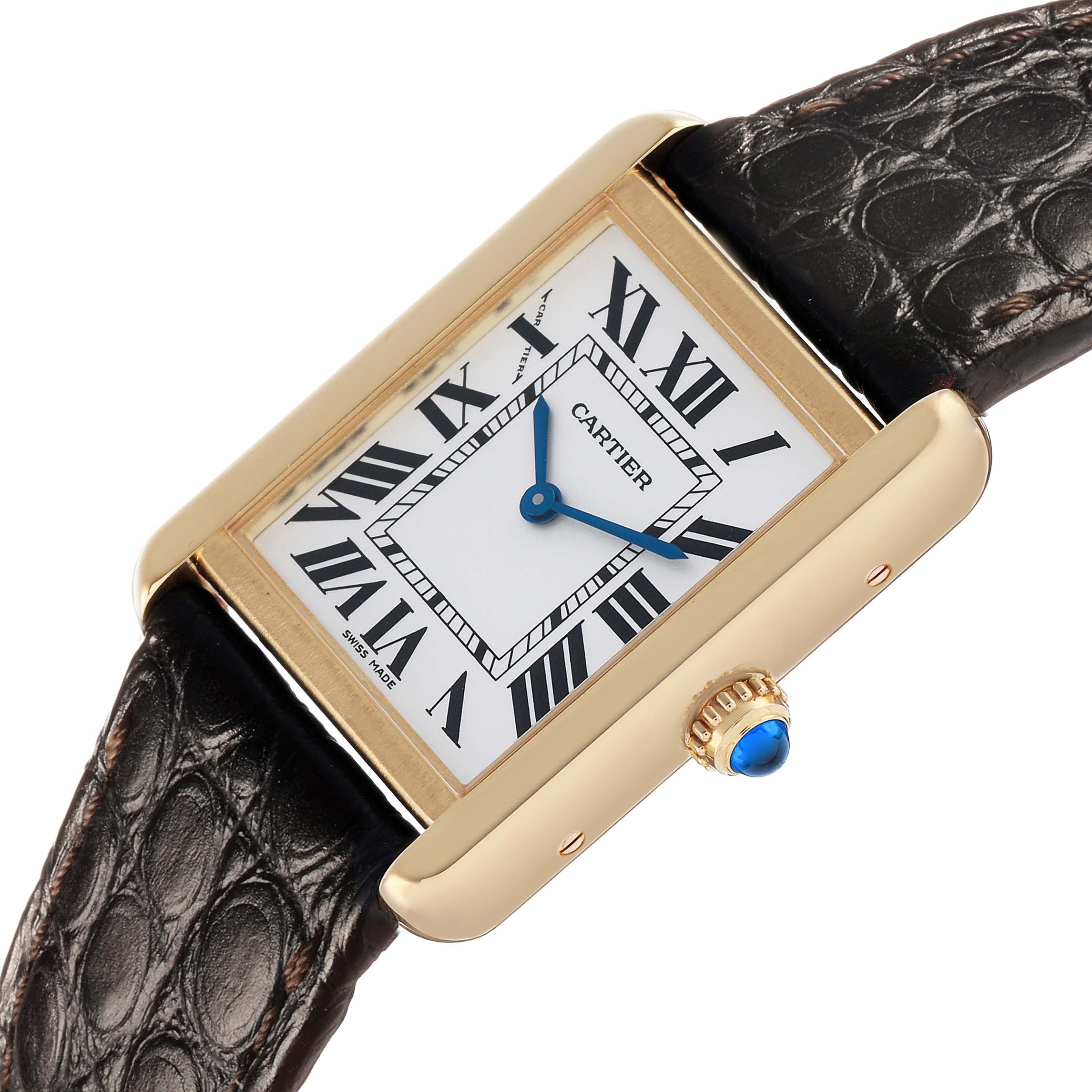 The Cartier Tank Solo W5200002 Women's Steel and Gold (two tone) Silver Dial watch is shown at a slight angle, highlighting the face, hands, crown, and partially the leather strap.