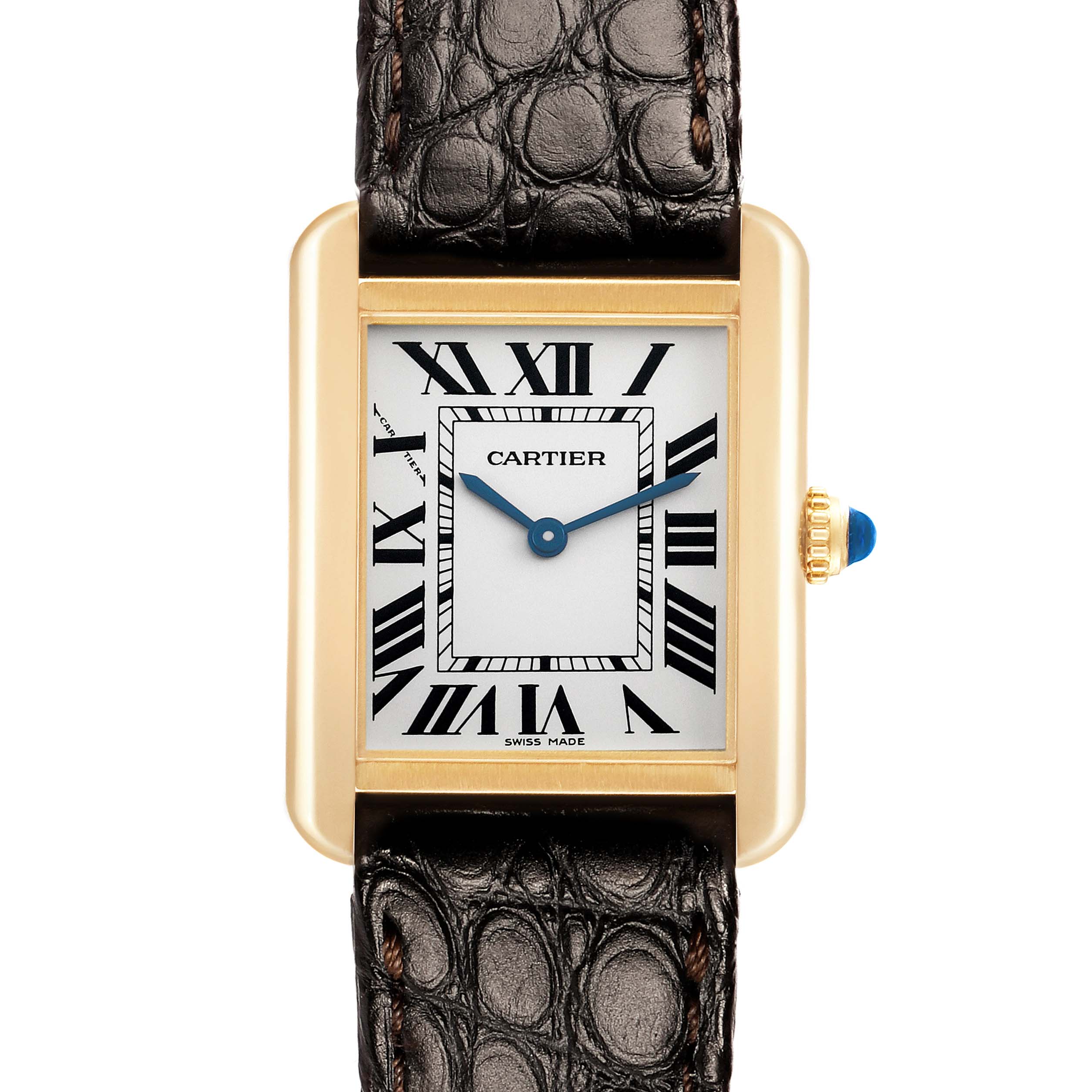 The Cartier Tank Solo W5200002 Women's Steel and Gold (two tone) Silver Dial watch is shown from a straight-on angle, highlighting the dial, Roman numerals, and leather strap.