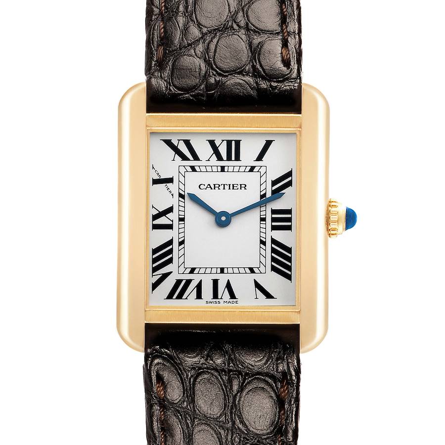 The Cartier Tank Solo W5200002 Women's Steel and Gold (two tone) Silver Dial watch is shown from a straight-on angle, highlighting the dial, Roman numerals, and leather strap.
