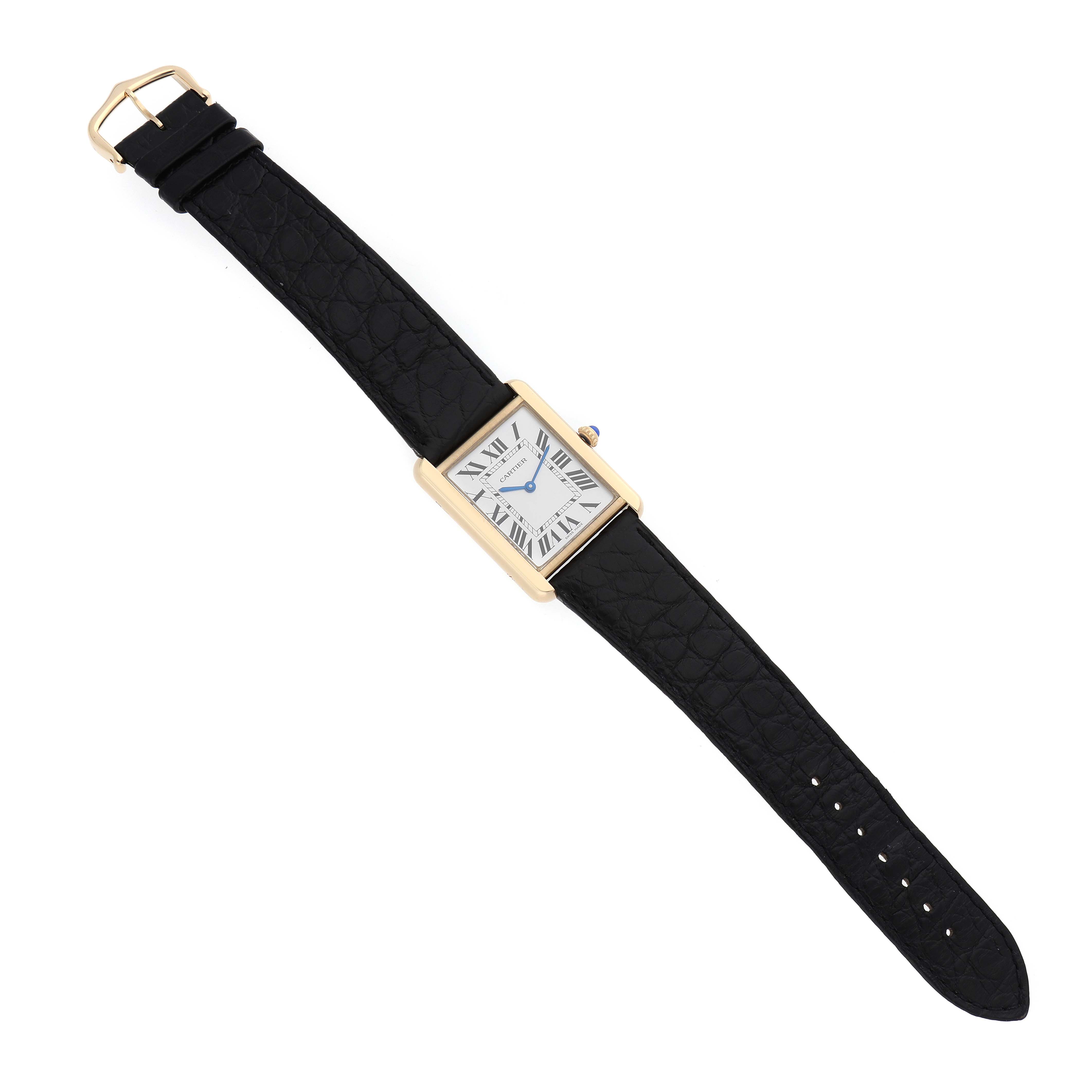 The Cartier Tank Solo W1018855 Men's Steel and Gold (two tone) Silver Dial watch is shown from a top-down angle, displaying its rectangular case and black leather strap.