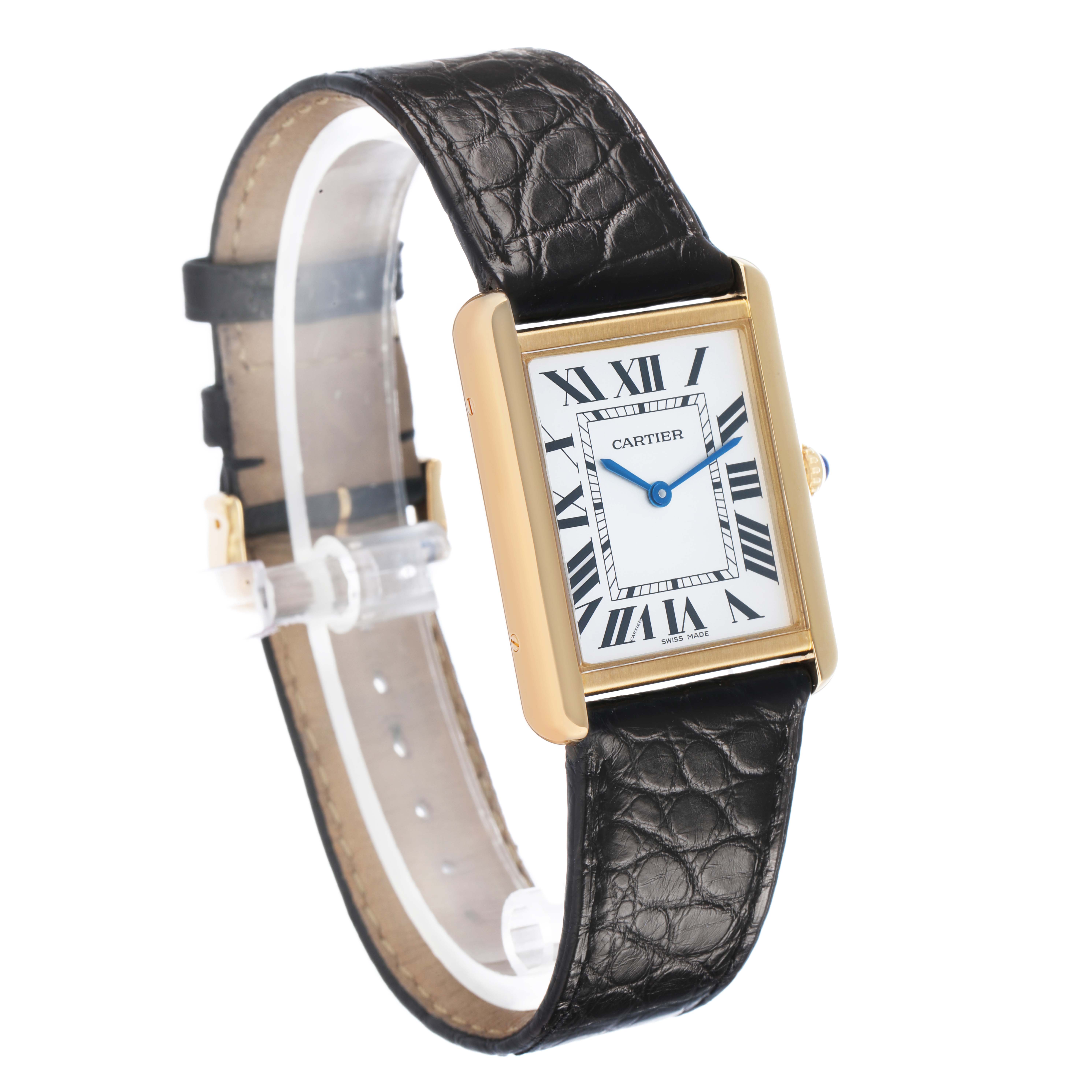 The Cartier Tank Solo W1018855 Men's Steel and Gold (two tone) Silver Dial watch is shown in a three-quarter view, highlighting its rectangular face, Roman numerals, and black leather strap.