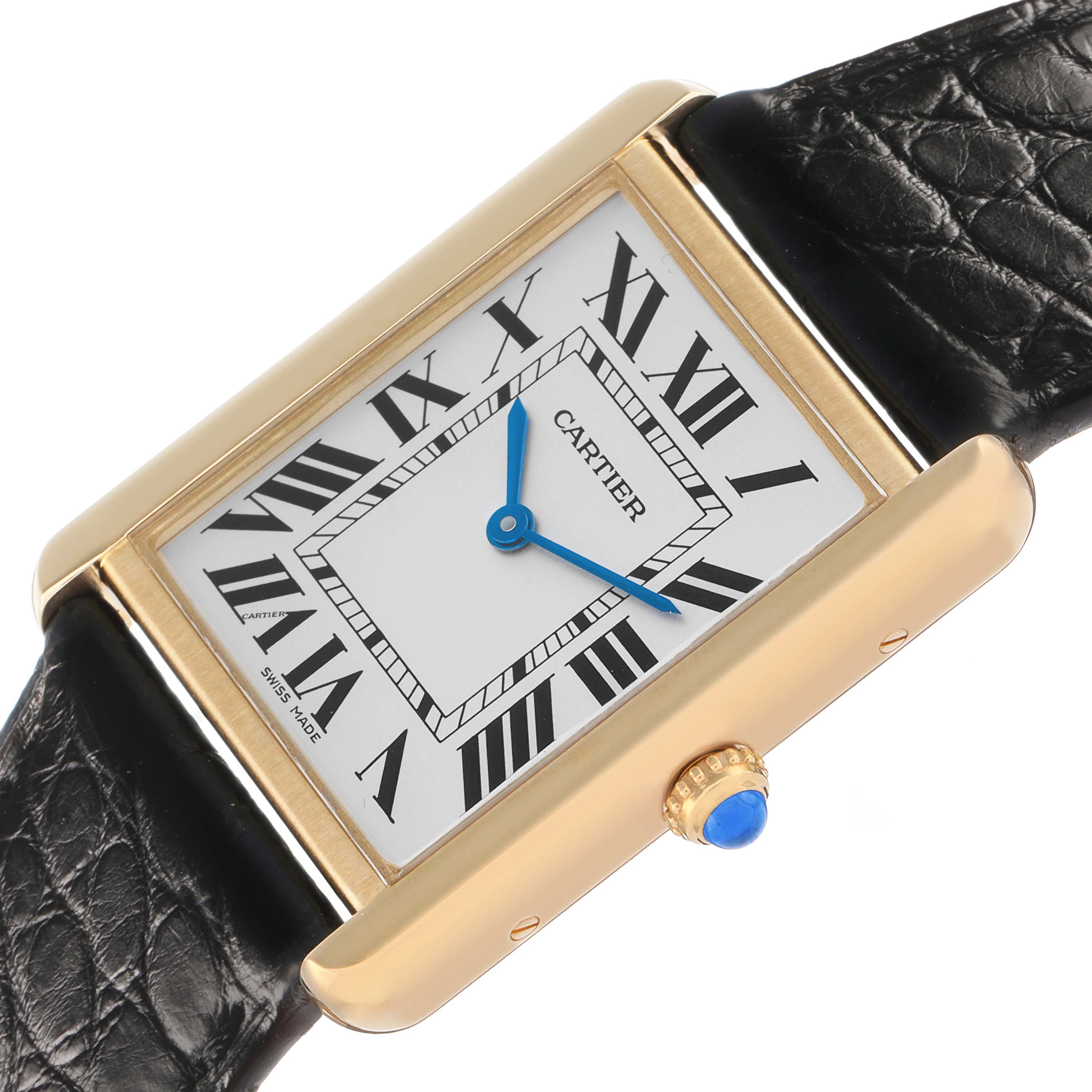 The Cartier Tank Solo W1018855 Men's Steel and Gold (two tone) Silver Dial watch is shown at a slight angle, displaying its rectangular face, Roman numerals, and blue hands.
