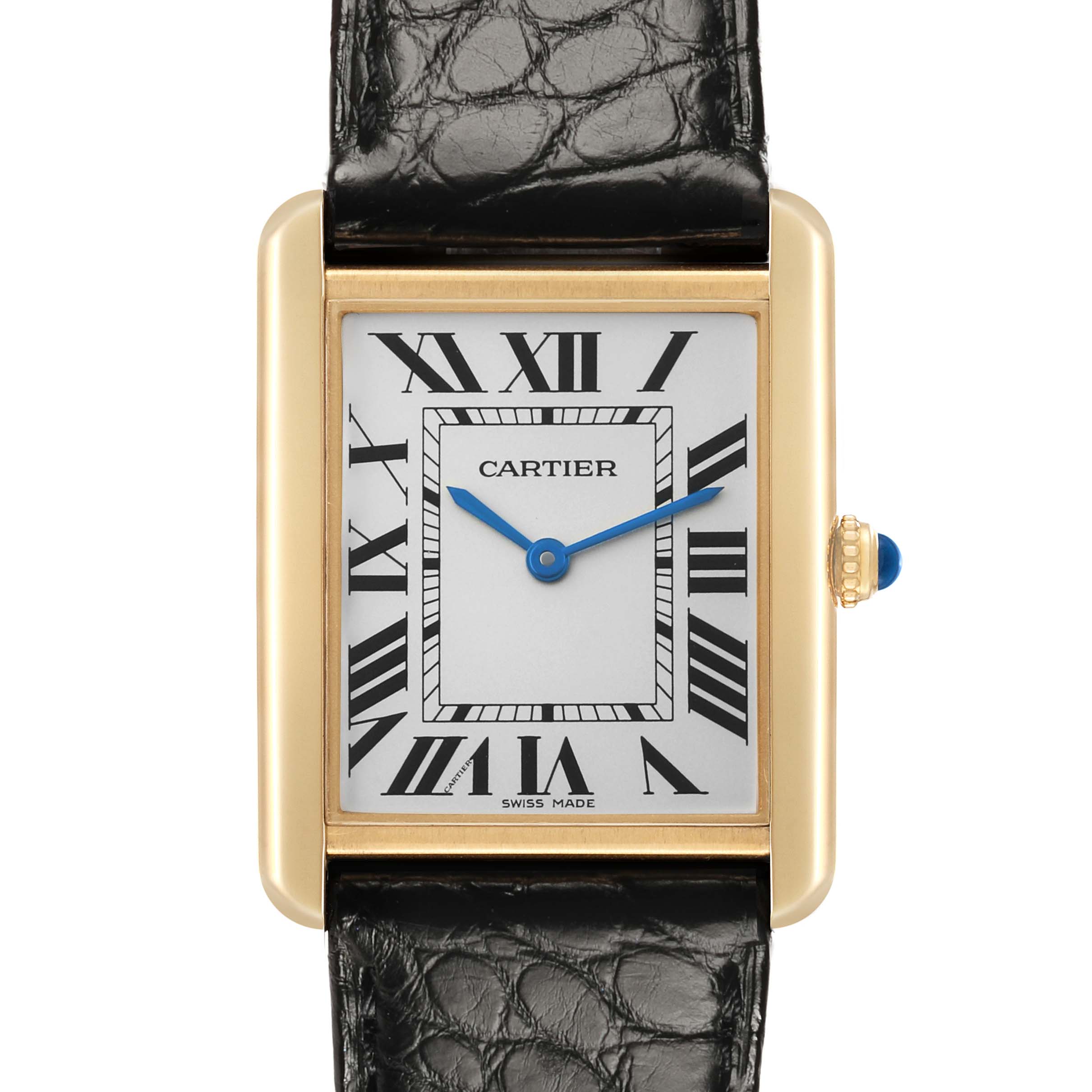 The Cartier Tank Solo W1018855 Men's Steel and Gold (two tone) Silver Dial watch is shown from the front, displaying its rectangular face, Roman numerals, and leather strap.