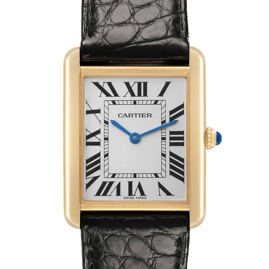 The Cartier Tank Solo W1018855 Men's Steel and Gold (two tone) Silver Dial watch is shown from the front, displaying its rectangular face, Roman numerals, and leather strap.