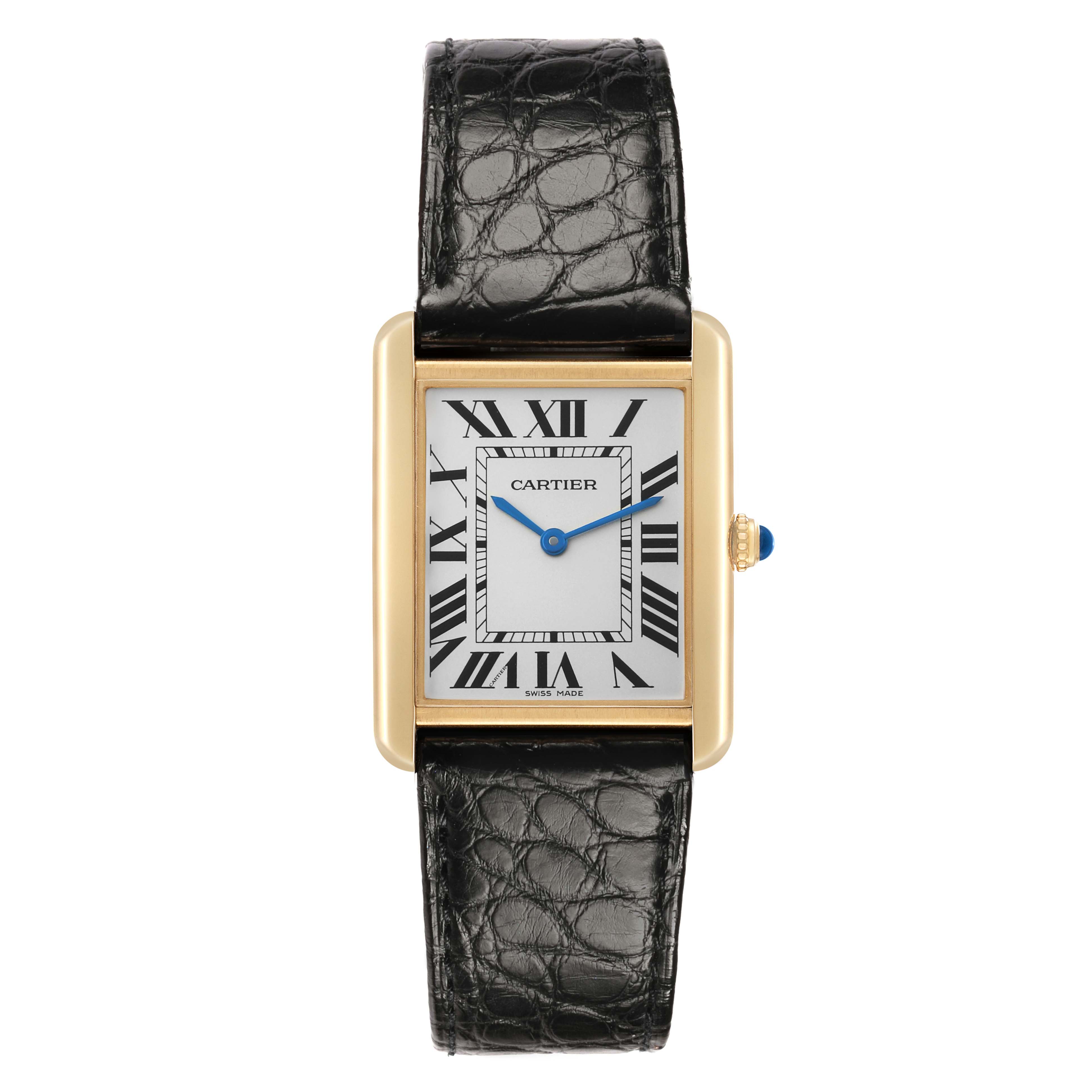 The Cartier Tank Solo W1018855 Men's Steel and Gold (two tone) Silver Dial is shown from a top-down angle, highlighting the rectangular face, Roman numerals, and black leather strap.