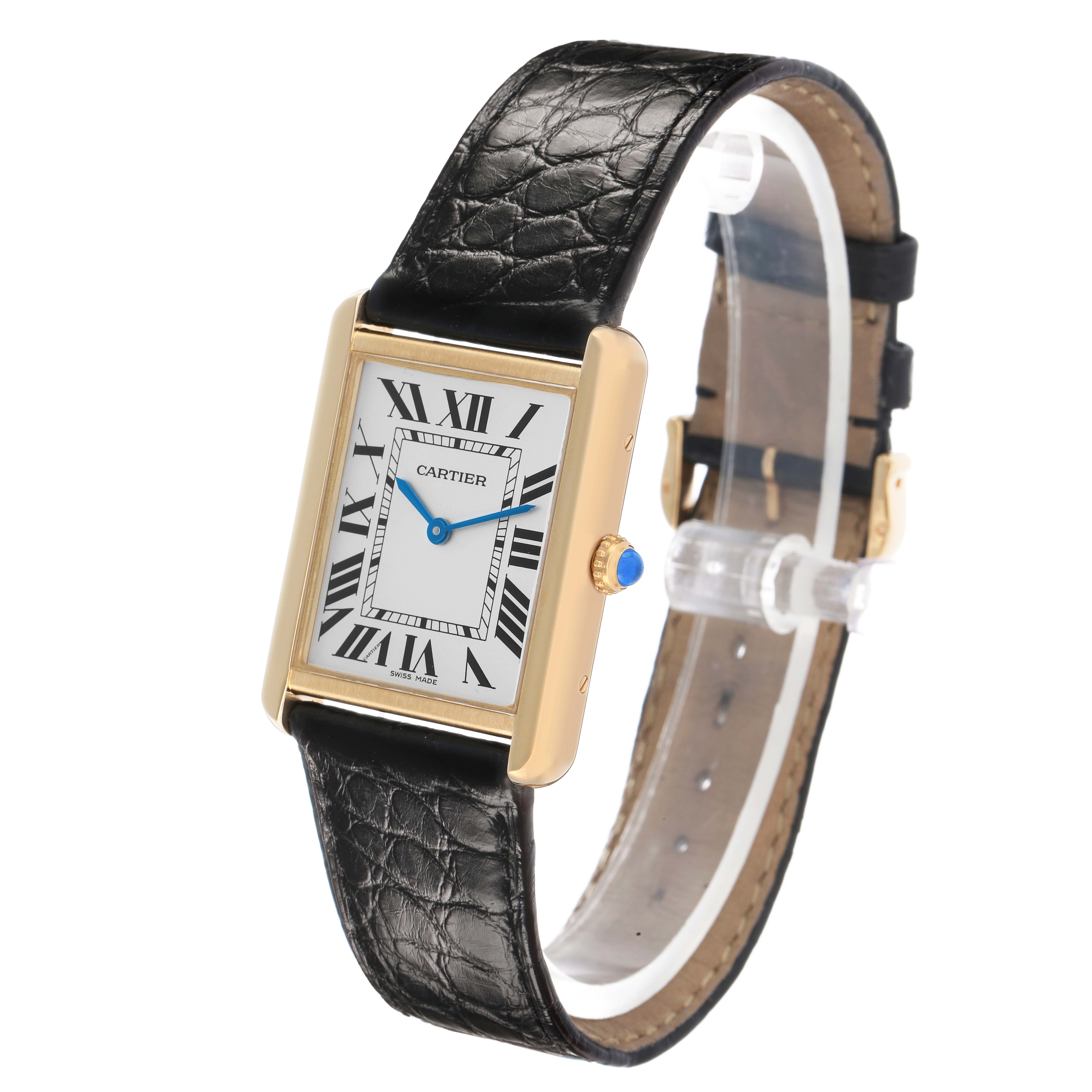 The Cartier Tank Solo W1018855 Men's Steel and Gold (two tone) Silver Dial watch is shown at a slight angle, displaying the face, Roman numerals, blue hands, and black leather strap.