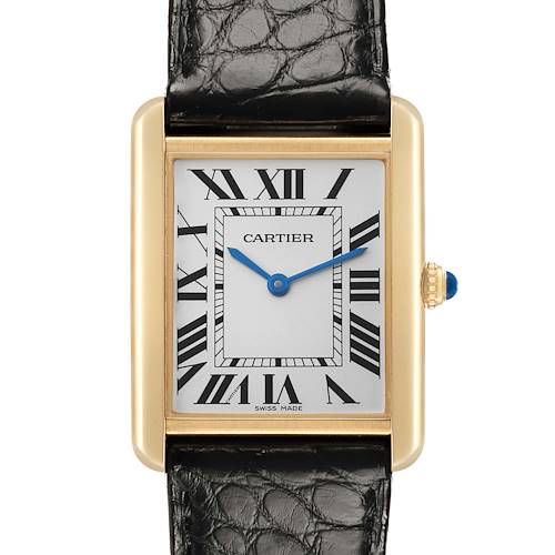 The Cartier Tank Solo W1018855 Men's Steel and Gold (two tone) Silver Dial watch is shown from the front, displaying its rectangular dial with Roman numerals and blue hands.