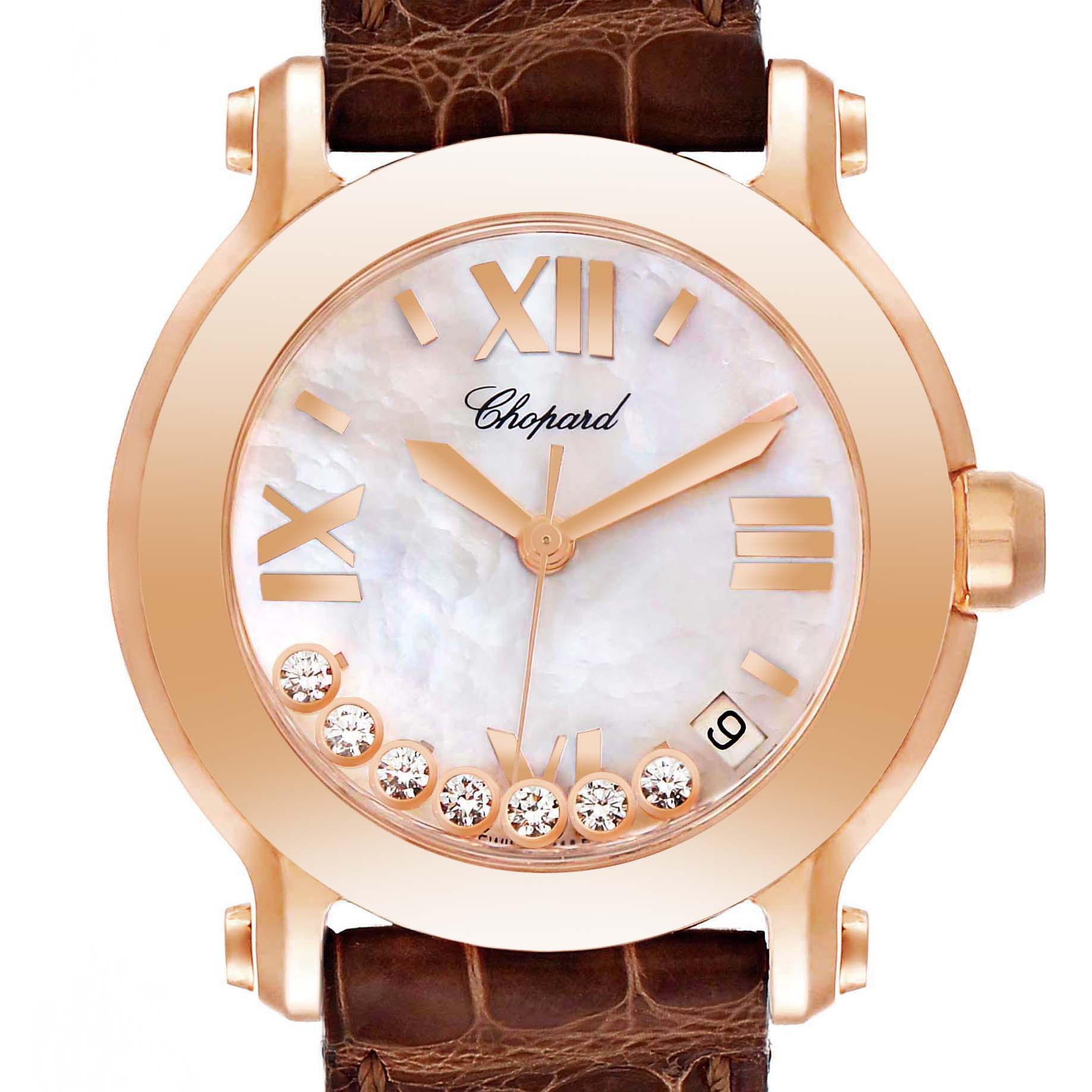 This angle shows the face and bezel of the Chopard 27/7471 Women's Rose Gold Mother of Pearl Dial 27/7471 Women's Rose Gold Mother of Pearl Dial Happy Sport 7 Floating Diamond Rose Gold Ladies Watch 7471 model, along with its leather strap.