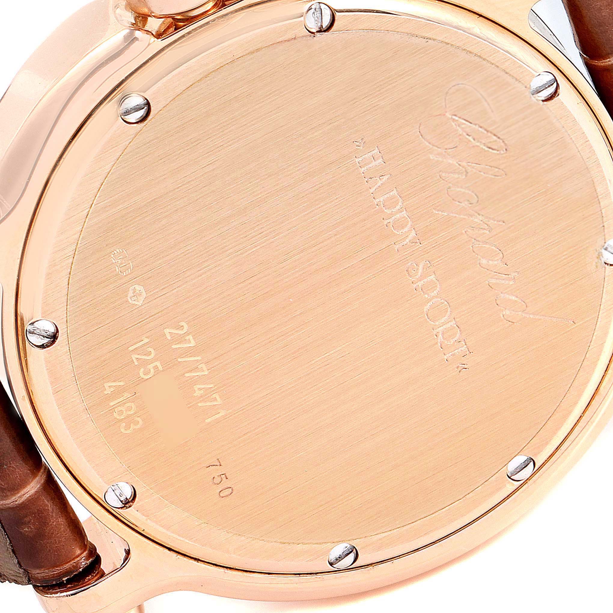 The image shows the back case of the Chopard 27/7471 Women's Rose Gold Mother of Pearl Dial 27/7471 Women's Rose Gold Mother of Pearl Dial Happy Sport 7 Floating Diamond Rose Gold Ladies Watch 7471 model.