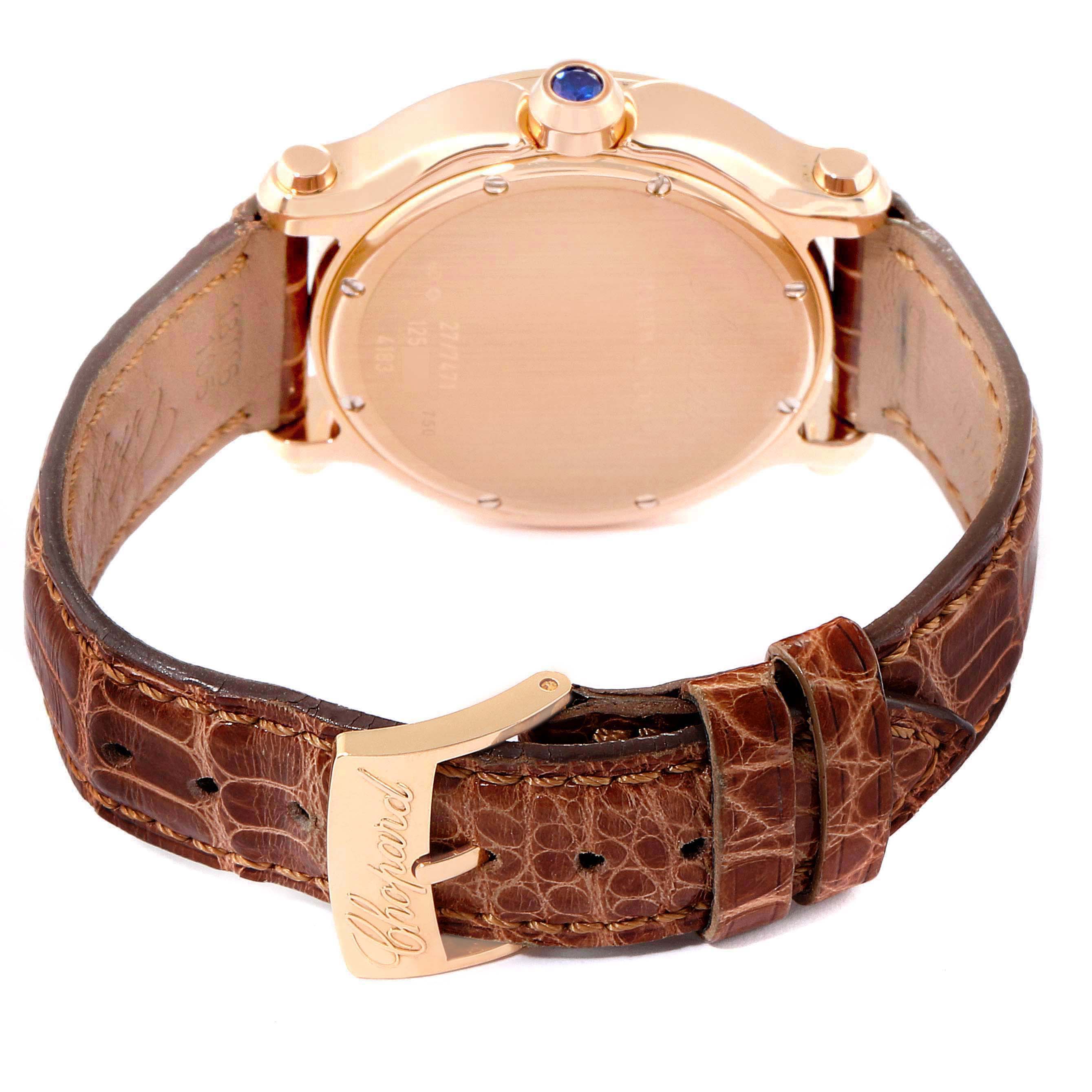 The image shows the back and strap of the Chopard 27/7471 Women's Rose Gold Mother of Pearl Dial 27/7471 Women's Rose Gold Mother of Pearl Dial Happy Sport 7 Floating Diamond Rose Gold Ladies Watch 7471 model at an angled rear view.