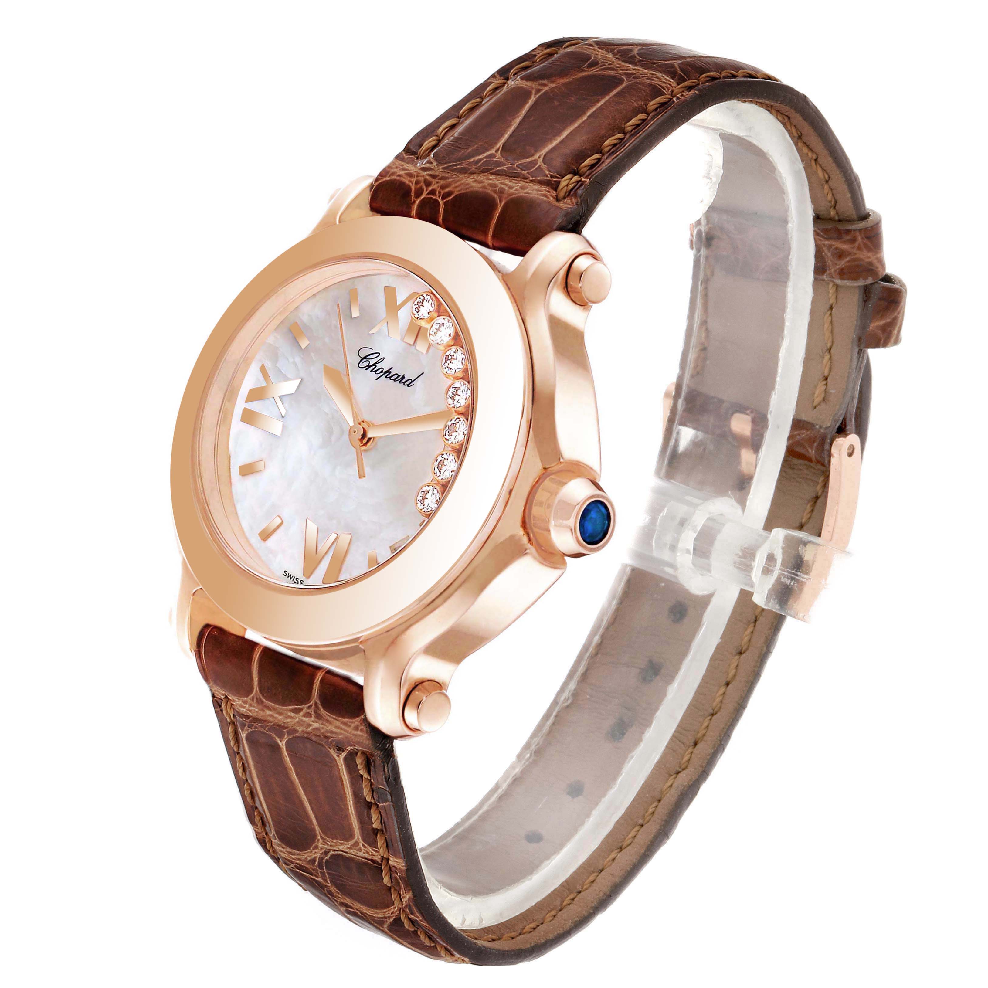 The Chopard 27/7471 Women's Rose Gold Mother of Pearl Dial 27/7471 Women's Rose Gold Mother of Pearl Dial Happy Sport 7 Floating Diamond Rose Gold Ladies Watch 7471 model is shown from a side angle, highlighting the case, dial, and strap.