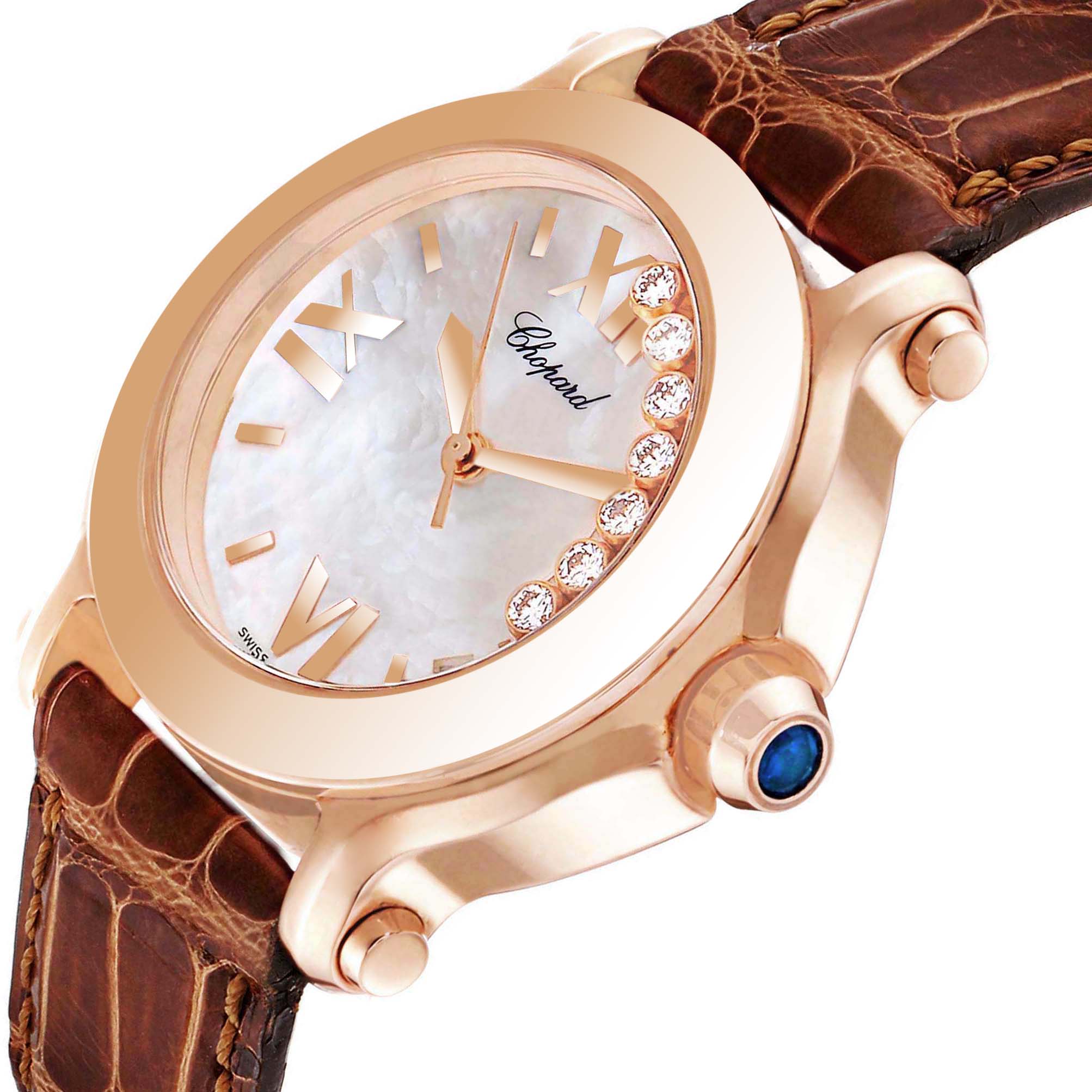 The image shows a close-up angle of the Chopard 27/7471 Women's Rose Gold Mother of Pearl Dial 27/7471 Women's Rose Gold Mother of Pearl Dial Happy Sport 7 Floating Diamond Rose Gold Ladies Watch 7471, highlighting the watch face, diamonds, and leather strap.