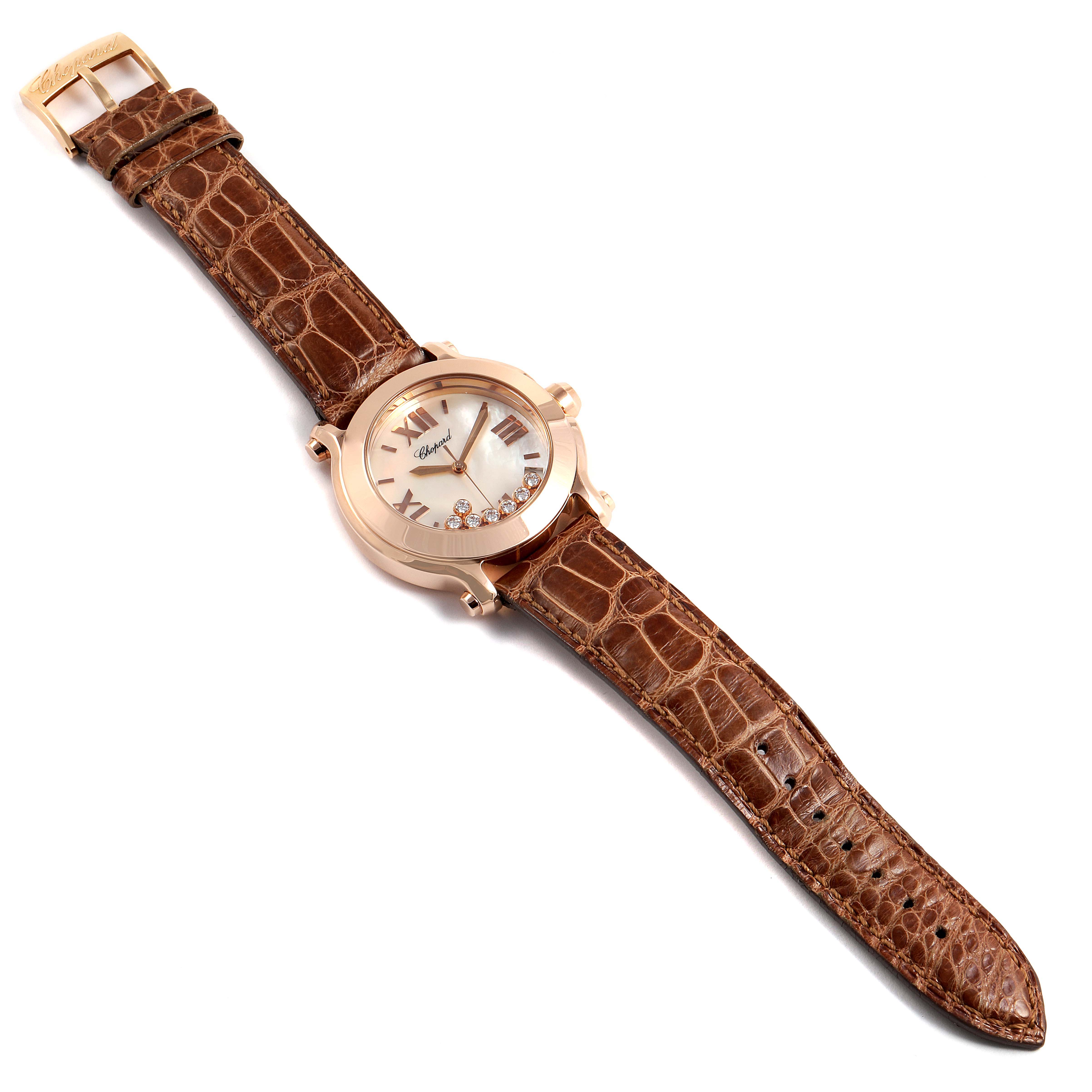 The Chopard 27/7471 Women's Rose Gold Mother of Pearl Dial 27/7471 Women's Rose Gold Mother of Pearl Dial Happy Sport 7 Floating Diamond Rose Gold Ladies Watch 7471 is displayed at a slight angle, showing the strap and watch face.