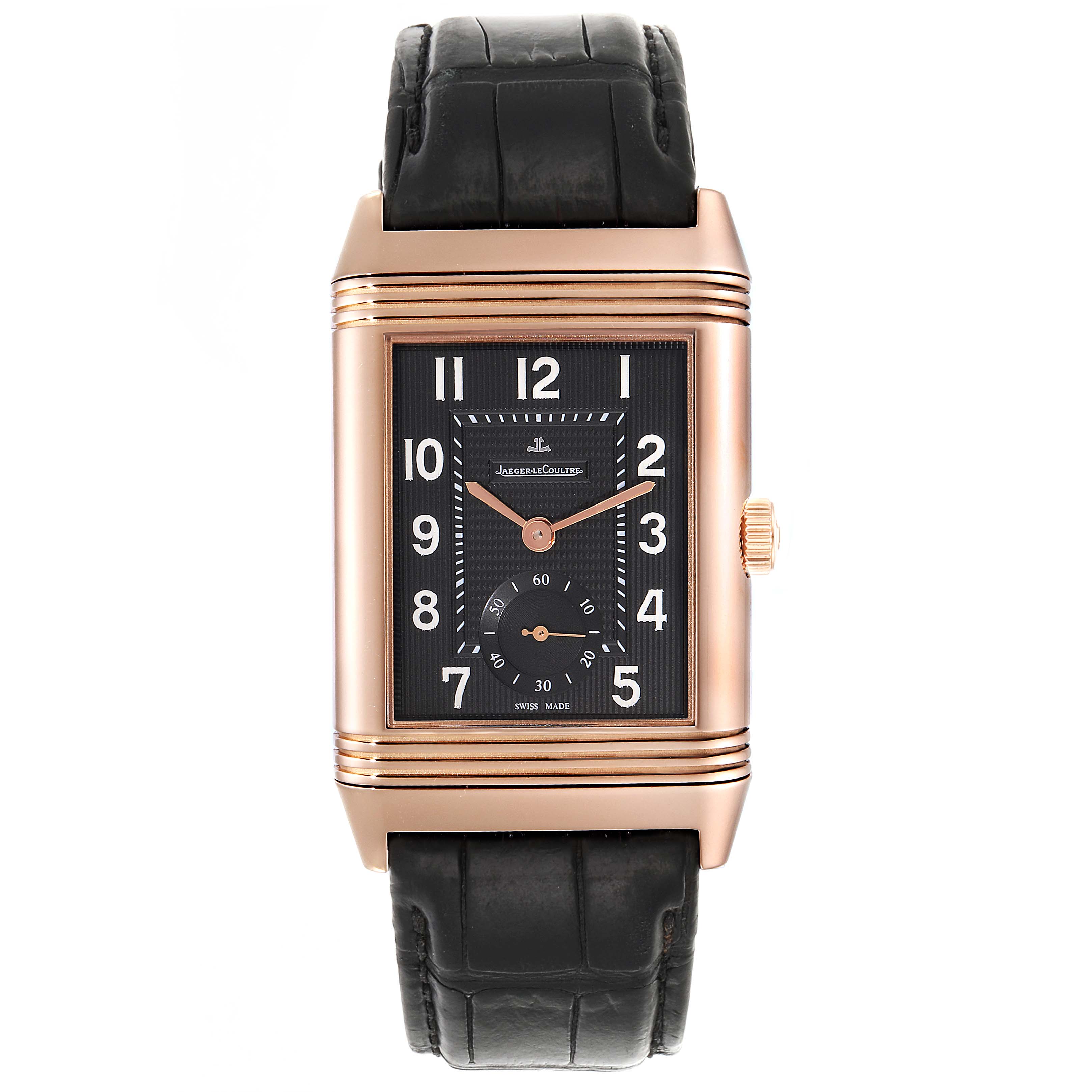 This image shows a front view of the Jaeger LeCoultre Reverso Q3732470 Men's Rose Gold Black Dial Q3732470 Men's Rose Gold Black Dial watch, highlighting its dial, case, and leather strap.