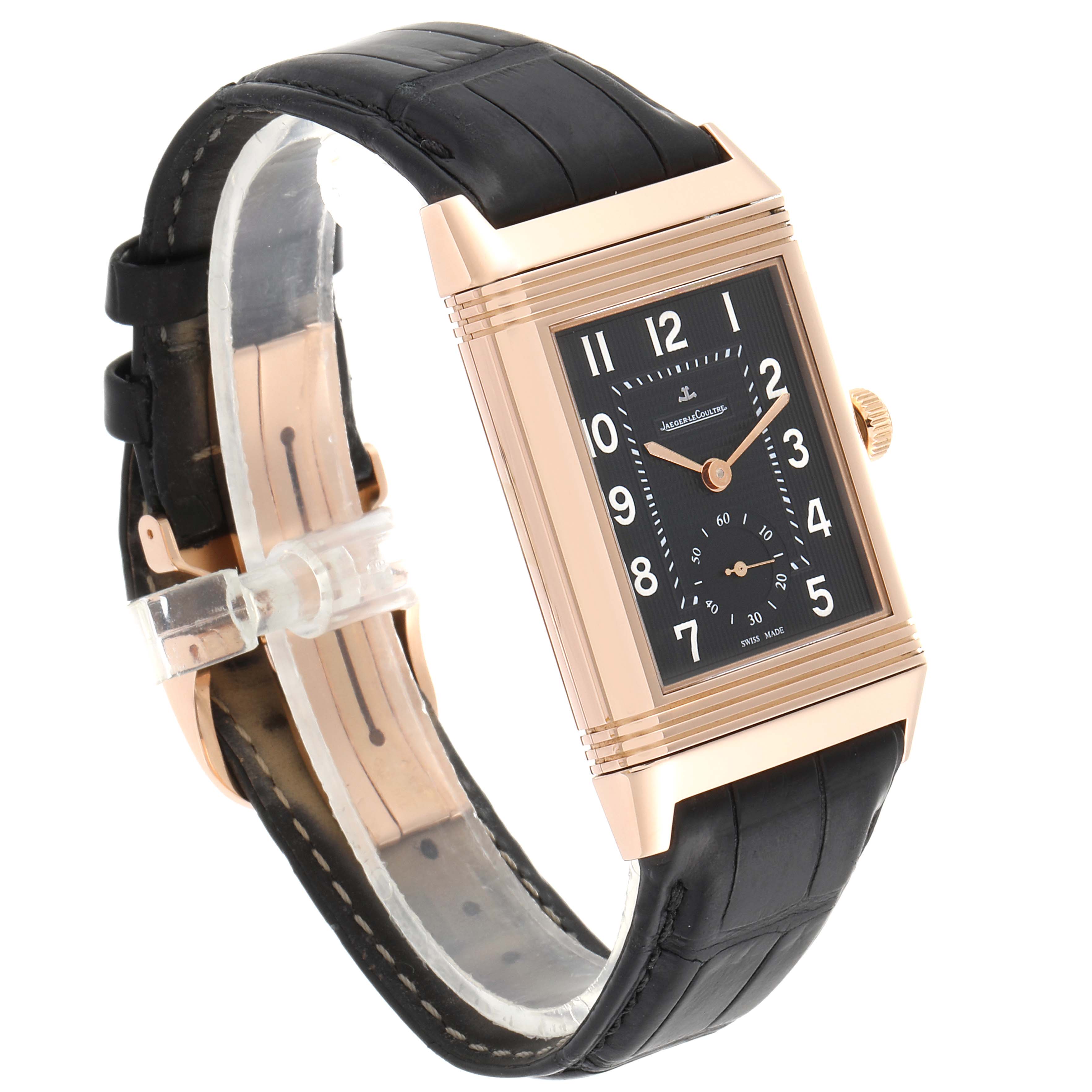 The Jaeger LeCoultre Reverso Q3732470 Men's Rose Gold Black Dial Q3732470 Men's Rose Gold Black Dial watch is shown at a slight angle, highlighting its rectangular face, rose gold case, and black leather strap.