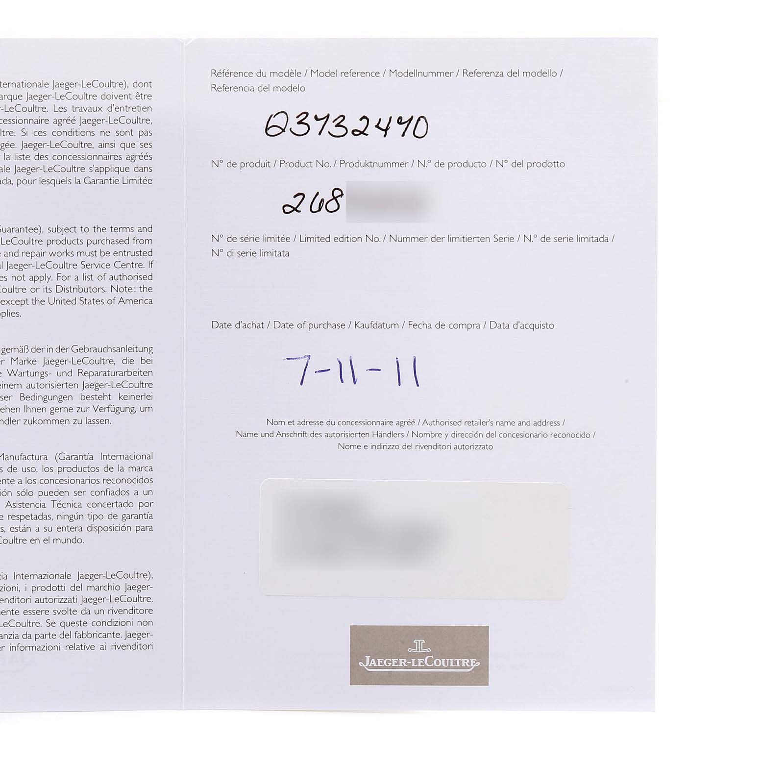 The image shows a warranty or certificate card for a Jaeger-LeCoultre Reverso watch, including model reference and purchase date.